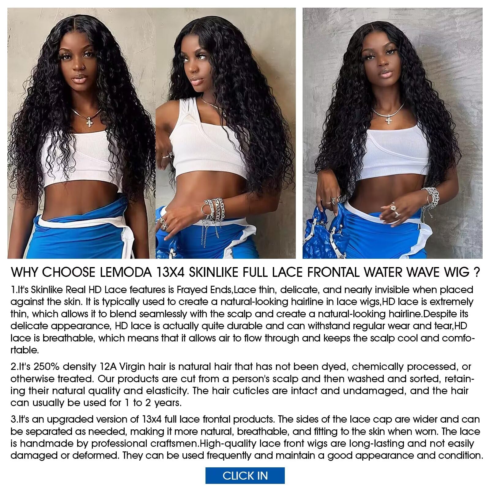 Lemoda 12A 250% Density Skinlike Real Hd Lace Water Wave 13X4 Full Lace Frontal Wigs Deep Wave Virgin Human Hair Invisible 0.1Mm