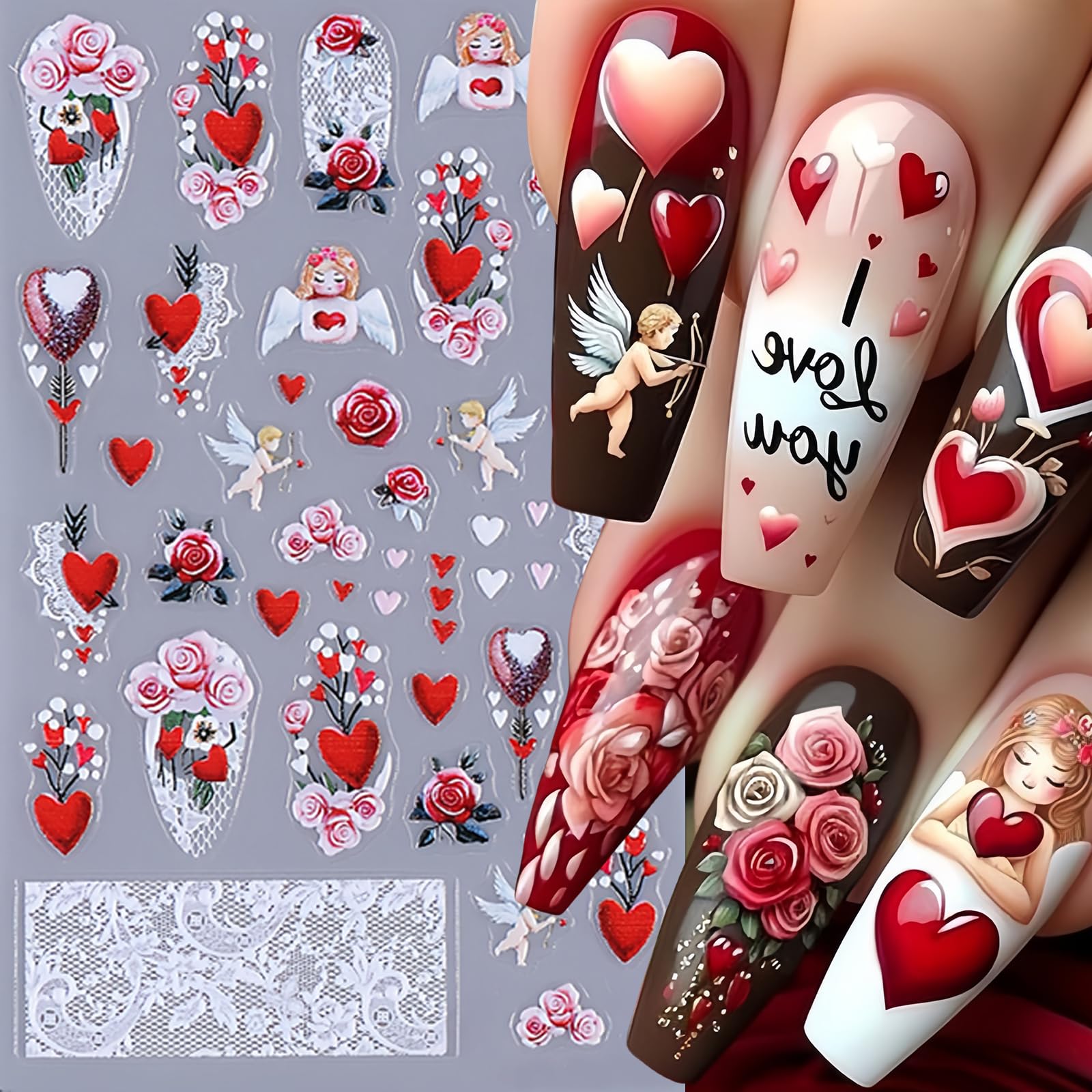 4Sheets Valentines Day Heart Nail Stickers 3D Self-Adhesive Red Valentines Love Nail Art Decals Love Angel Valentine Rose Nail D