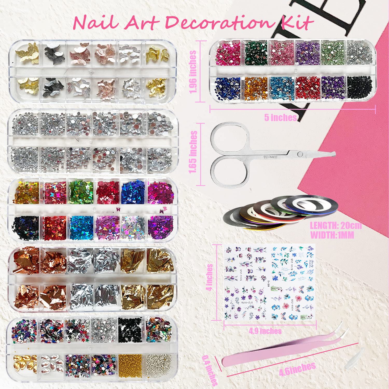 13 Sheets Nail Art Stickers,Nail Art Decoration Kit With 1100+ Pieces Nail Water Decals Crystal Rhinestones 3D Butterfly Nail Ar