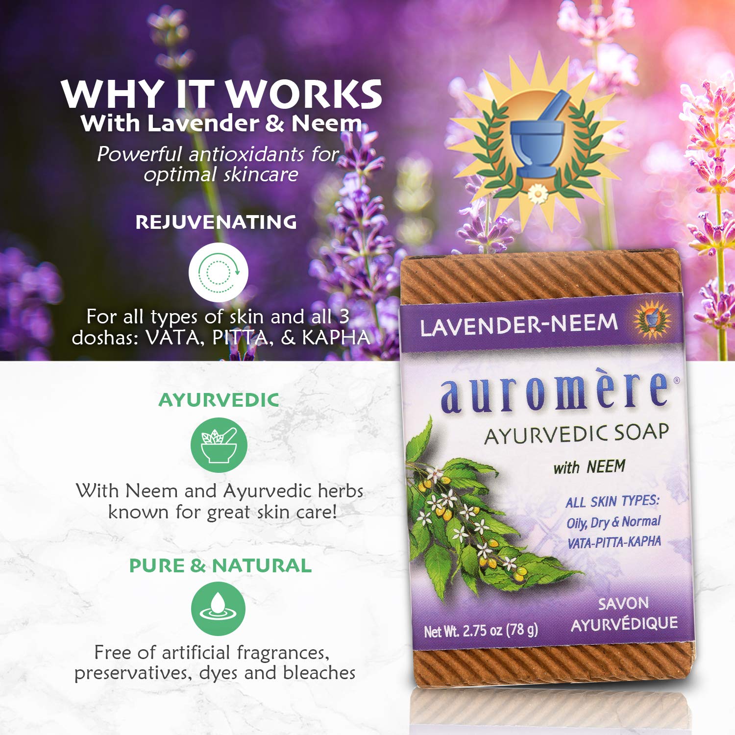 Auromere Ayurvedic Bar Soap, Lavender Neem - Eco Friendly, Handmade, Vegan, Cruelty Free, Natural, Non Gmo (2.75 Oz), 3 Pack