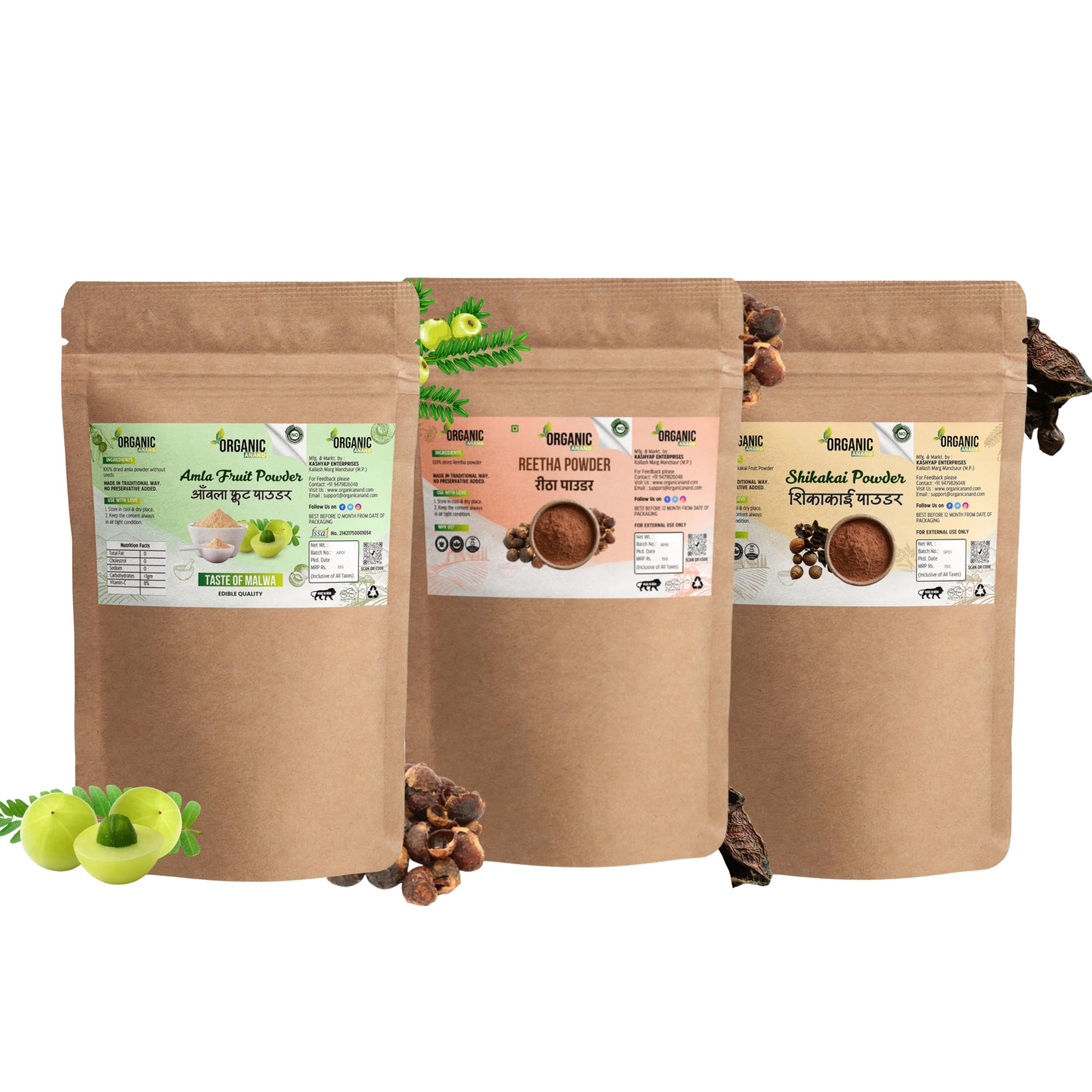 Organic Anand 100% Natural Amla, Reetha & Shikakai Powder Combo For Hair Care - Herbal Cleanser For Hair Growth, Dandruff Contro