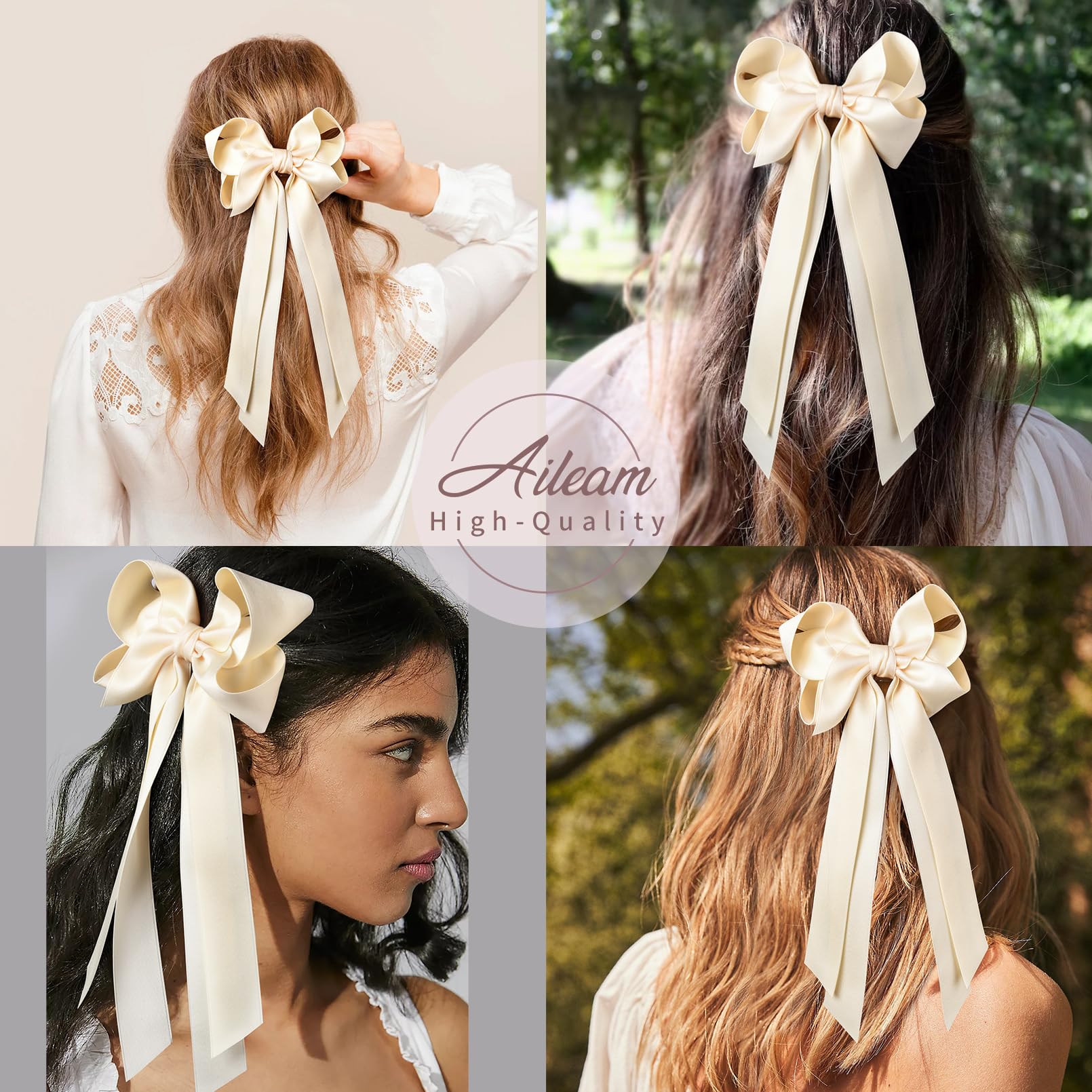Aileam Hair Clip, 2Pcs Hair Bows For Women Hair Clip Beige Silky Satin Ribbon Accessories With Metal Clips For Women Girls Toddl