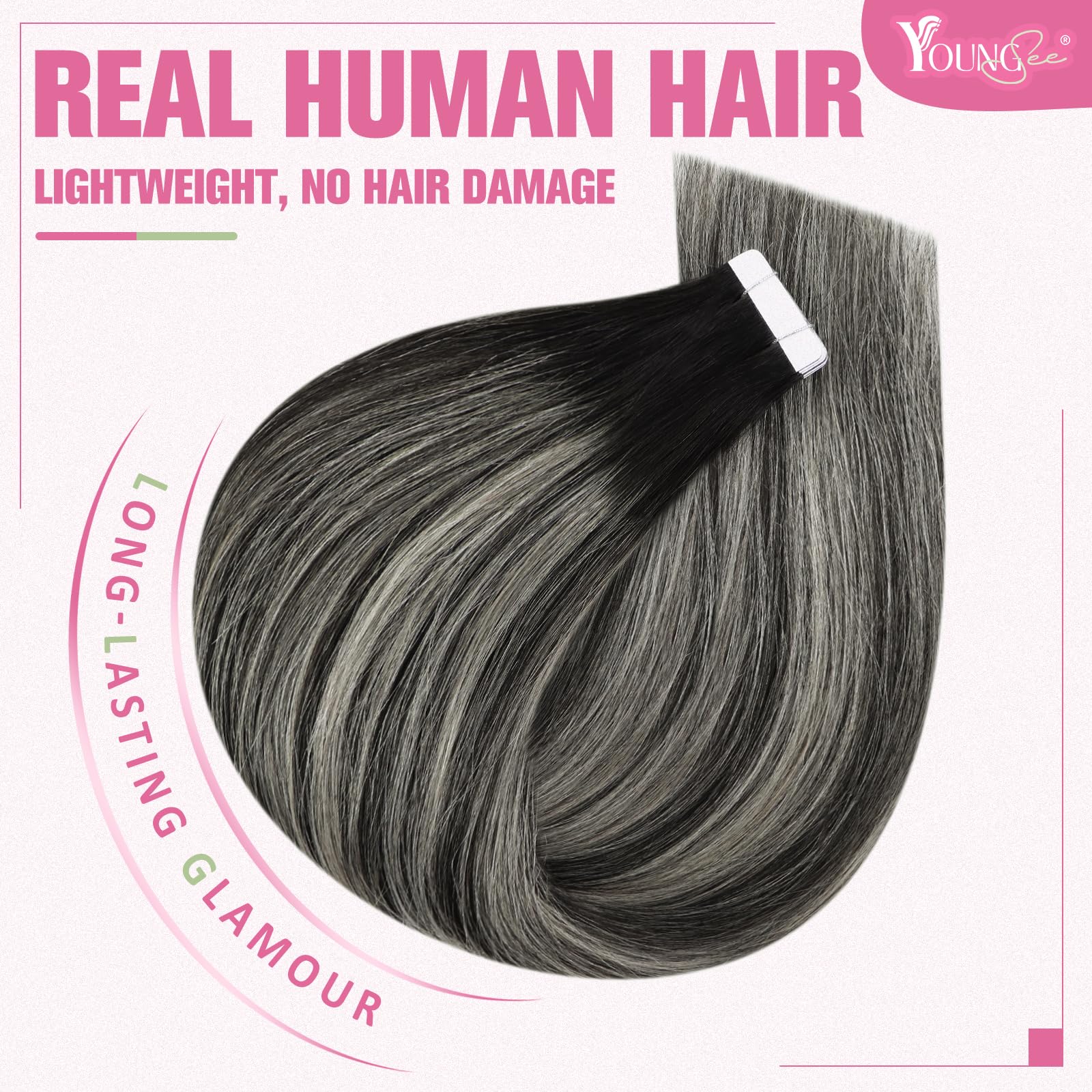 YoungSee Tape in Human Hair Extensions Ombre Tape Extensions Human Hair Off Black Ombre Sliver Balayage Tape in Hair Extensions