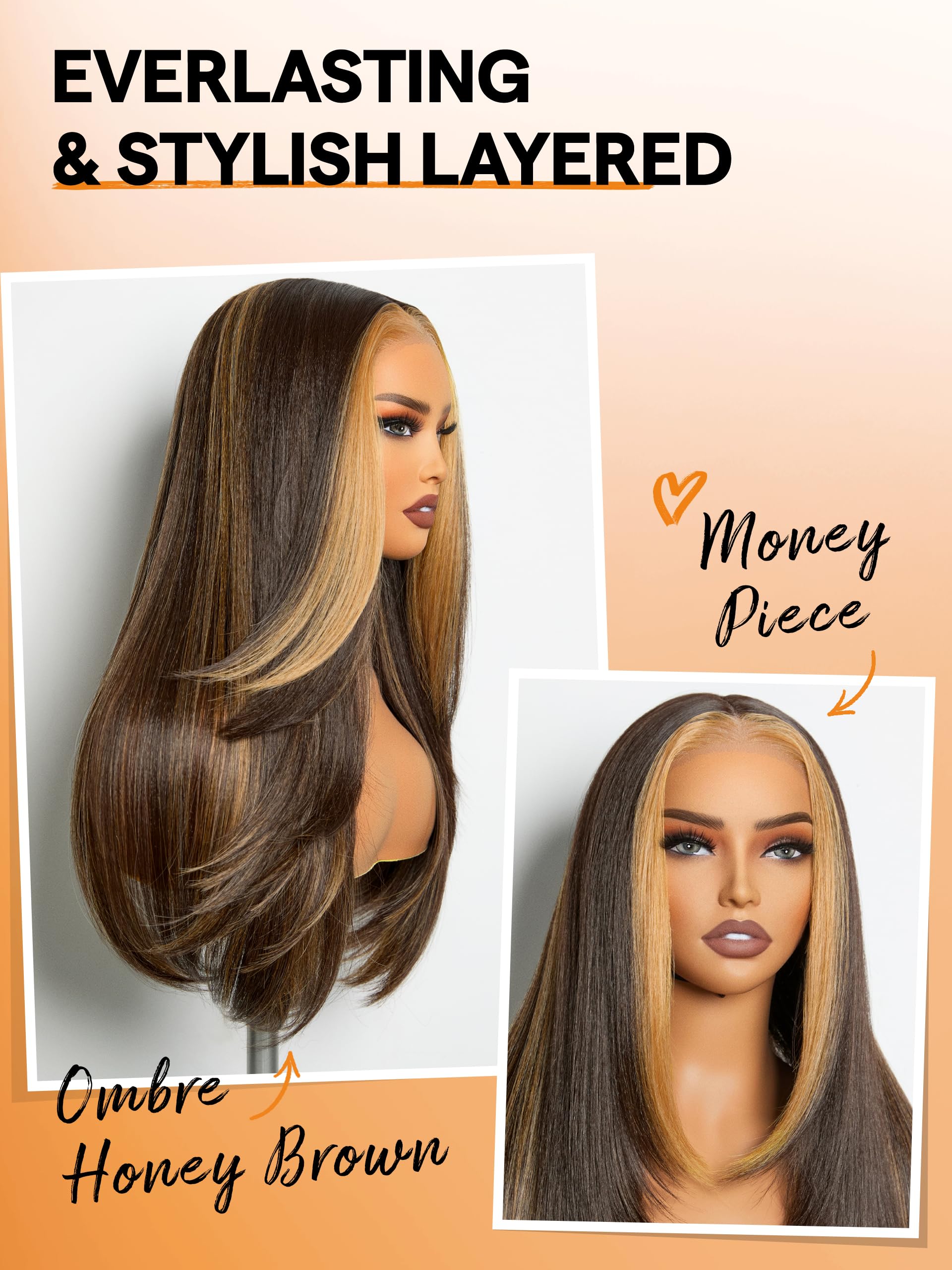 Gorgius Dark Brown With Blonde Highlight Lace Wig Long Straight Layered Wig Pre Cut Glueless Closure Wig Middle Part Ombre Hairs