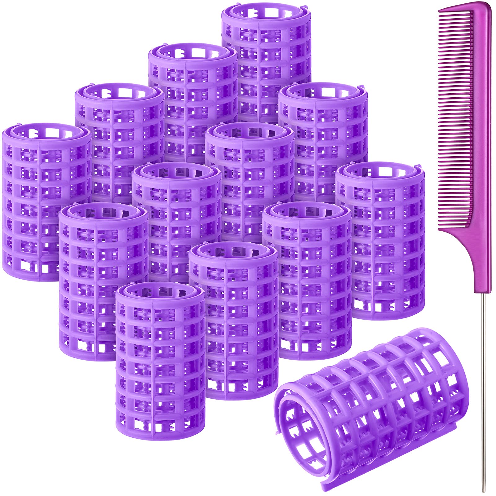 Syhood 12 Pieces Snap Hair Roller, Large Size Plastic Hair Rollers Hair Curlers with Rat Tail Comb for Long Hair Hairdressing St