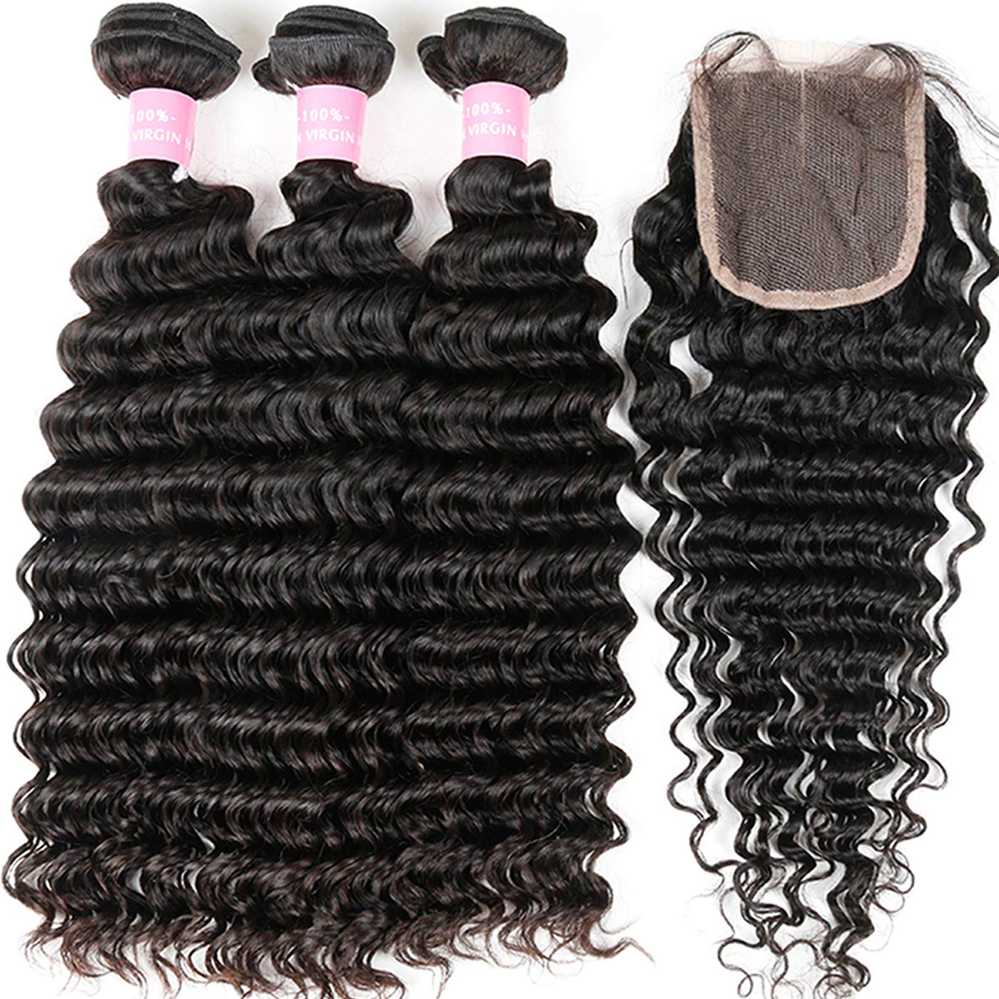 Brazilian 9A Deep Wave 3 Bundles With Closure Virgin Human Hair Bundles With 4X4 Middle Part Closure Unprocessed Virgin Human Ha