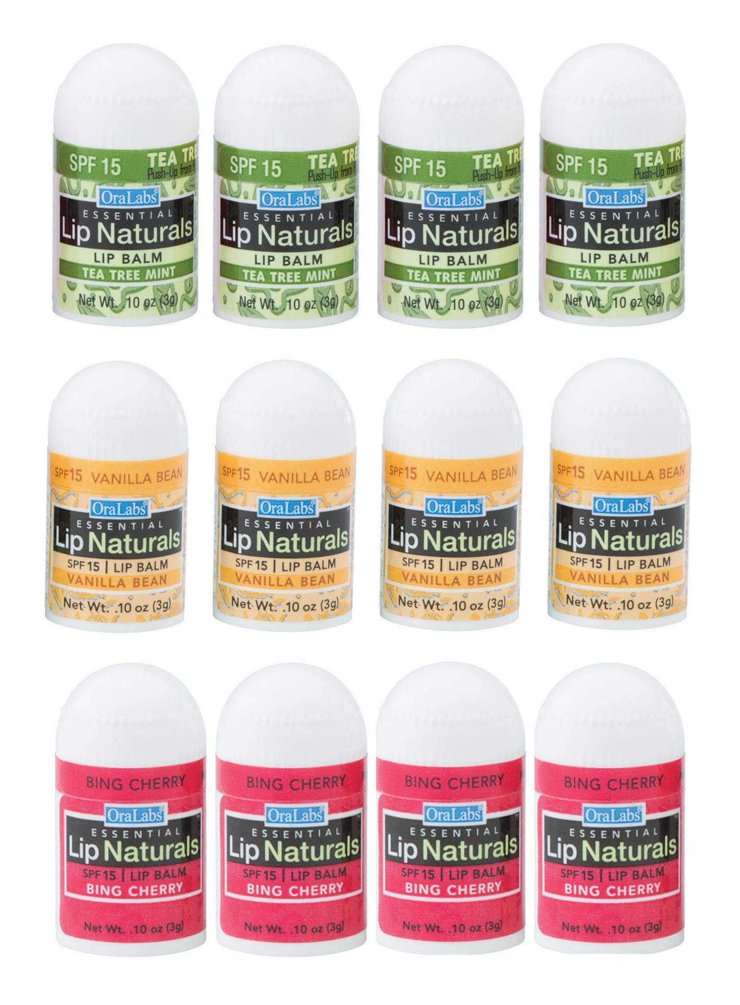 Lip Naturalsa  Assorted Mini Lip Balm With Sunscreen (Spf-15)  Made In Usa  12-Count Pack With Bing Cherry, Tea Tree Mint, And V