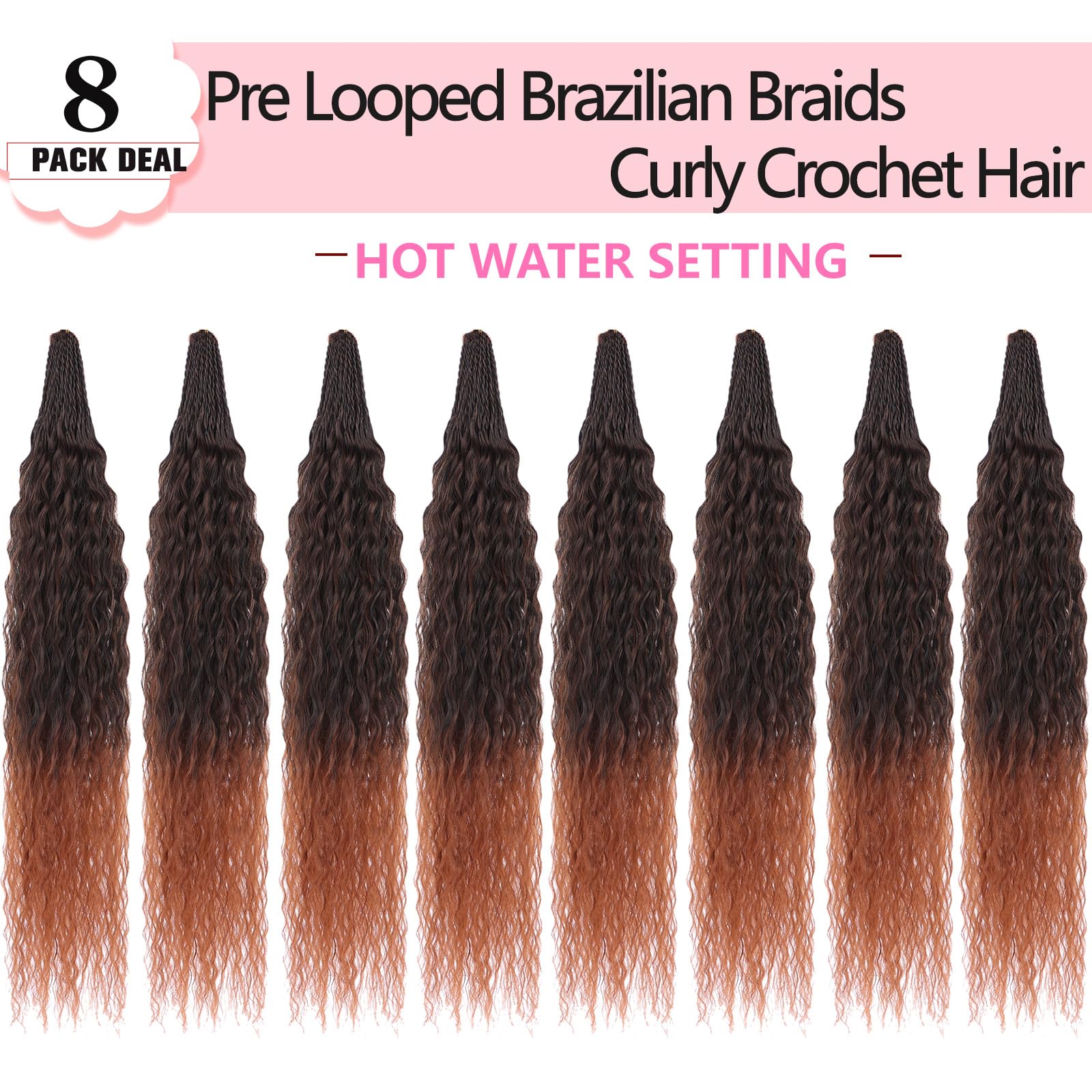 Xtrend Pre Looped Brazilian Micro Kinky Curly Crochet Hair 24 Inch 8 Packs Ombre Brown Yaki Kinky Curly Water Wave Crochet Hair