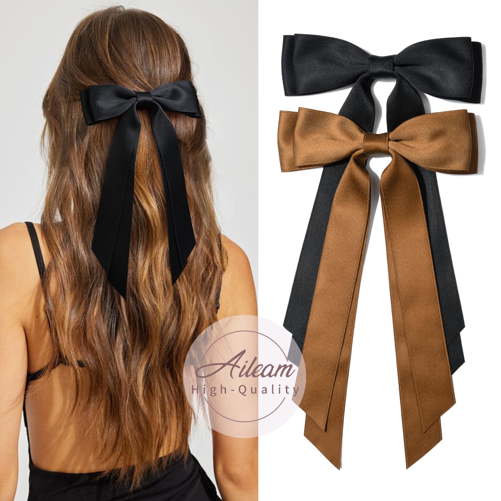 2PCS Silky Satin Hair Bows Hair Clip Black Brown Hair Ribbon Ponytail Holder Accessories Slides Metal Clips Hair Bow for Women G