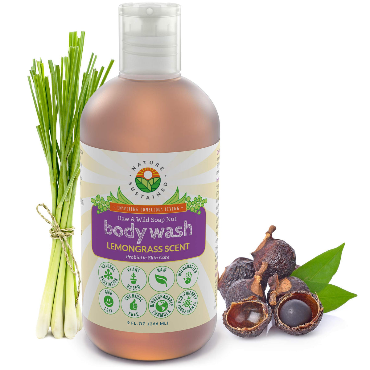 Nature Sustained Lemongrass Organic Body Wash - All Natural Probiotic Soothing Skin Care Body Soap & Face Wash - Raw Wildcrafted