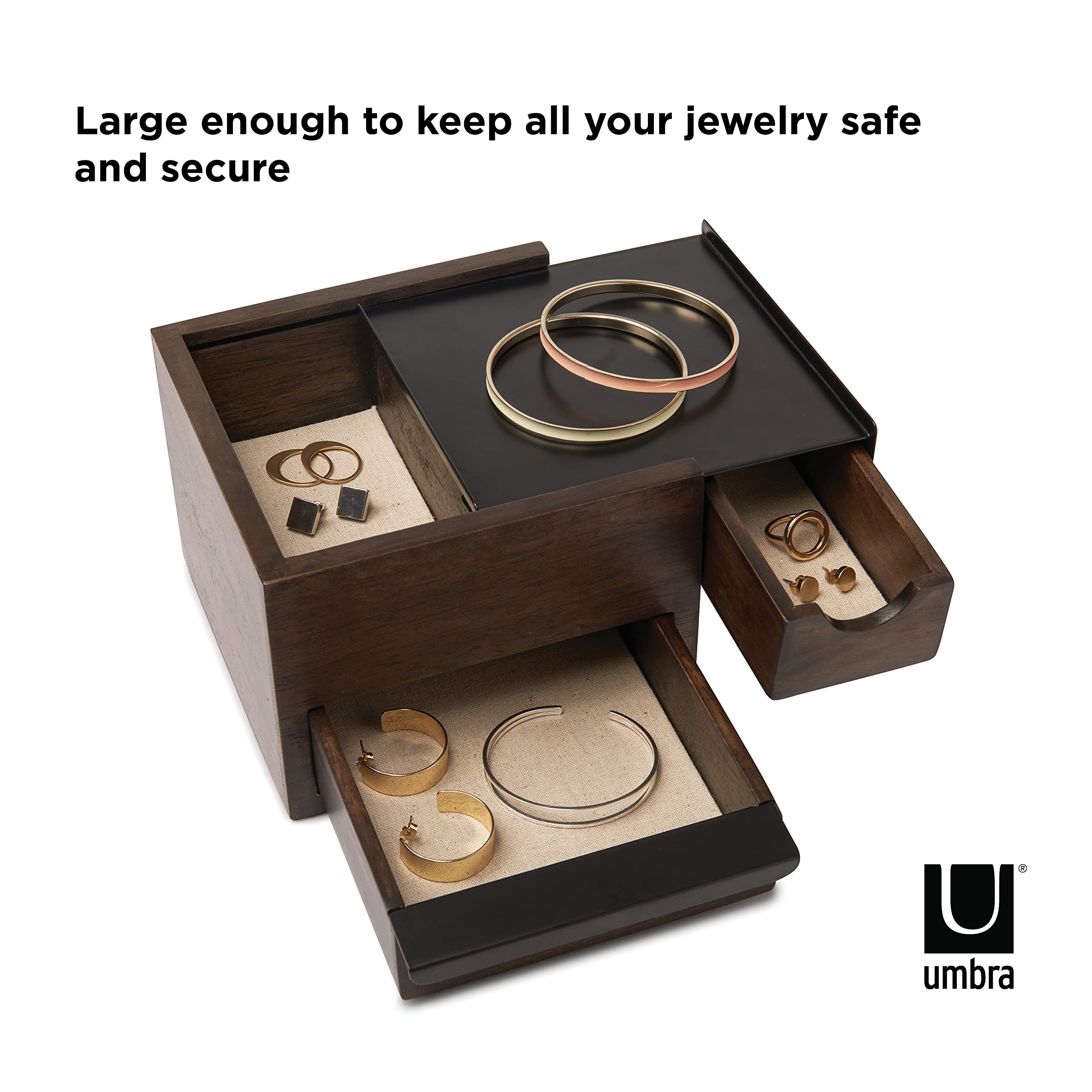 Umbra Mini Stowit Jewelry Box - Modern Keepsake Storage Organizer with Hidden Compartment Drawers for Ring, Bracelet, Watch, Nec