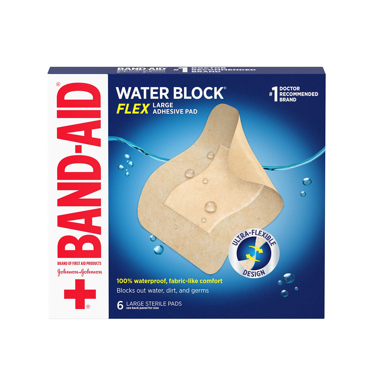 Band-Aid Brand Water Block Flex Large Adhesive Pads, 100% Waterproof Bandage Pads For First-Aid Wound Care Of Minor Cuts, Scrape