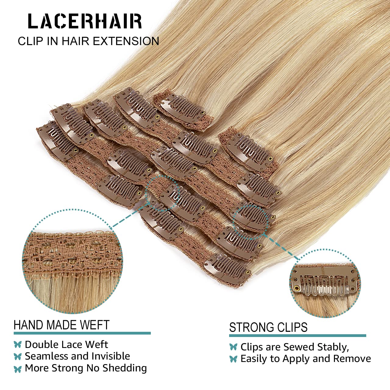 Lacer Clip In Human Hair Extensions Light Golden Brown Mixed Platinum Blonde Lace Double Weft Natural Hair Extension Clip In 100