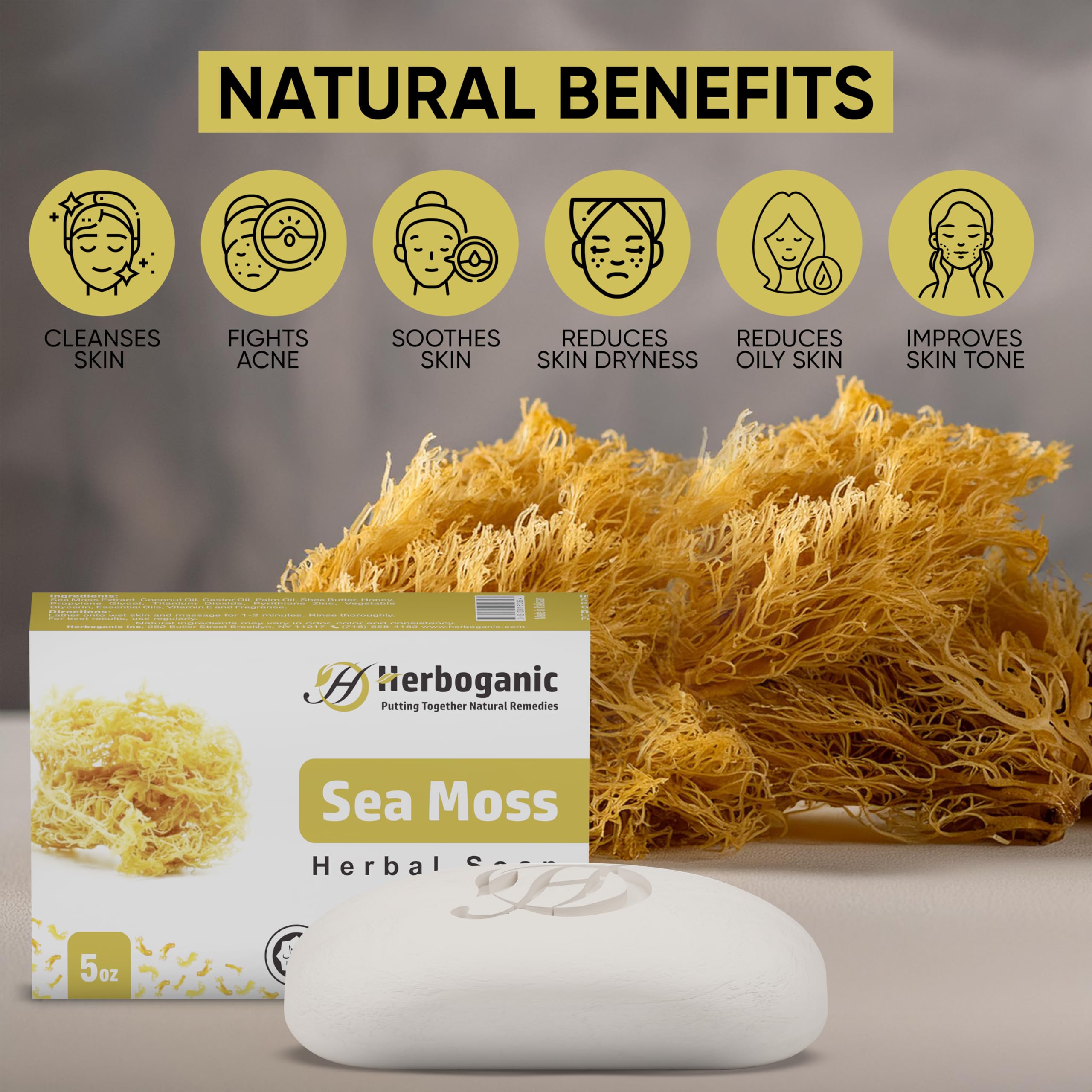 HERBOGANIC Sea Moss Herbal Soap | Pack of 6 of 5oz soap Bar | Ideal for Men and Women, Soothing and Nourishing Soap for Moisturi