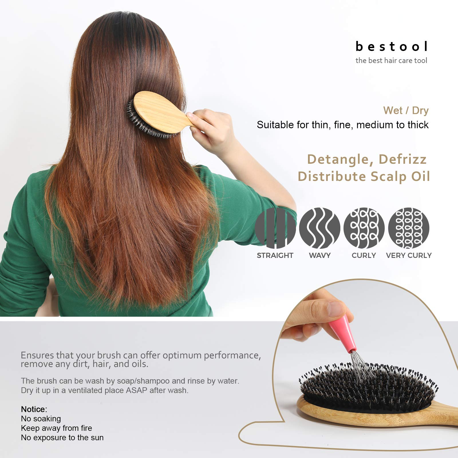 BESTOOL Hair Brush (Regular & Small), Boar Bristle Hair Brushes for Women Men Kids Thick Fine Curly Hair, Hairbrush for Detangli