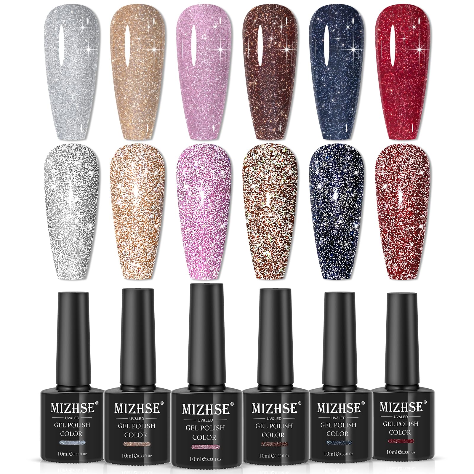 MIZHSE Reflective Glitter Gel Nail Polish, Shimmery Gel Polish Set 10ml Sparkly Shiny Gel Soak Off UV LED Nail Art Varnish Manic
