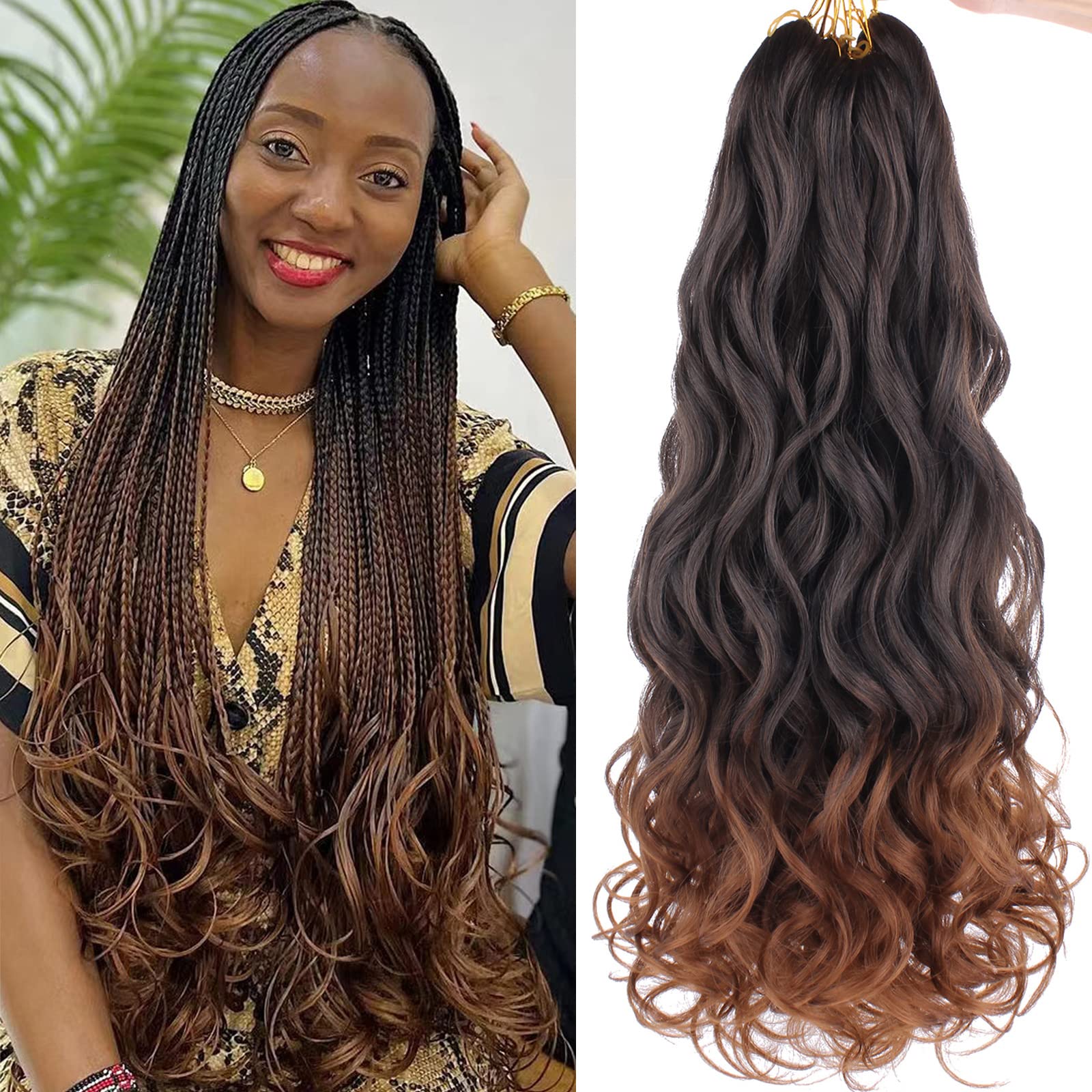 COOKOO 30 Inch 9 Packs Premium French Curls Braid Crochet Hair Ombre Natural Dark to Brown Premium Loose Wave Braiding Hair Span