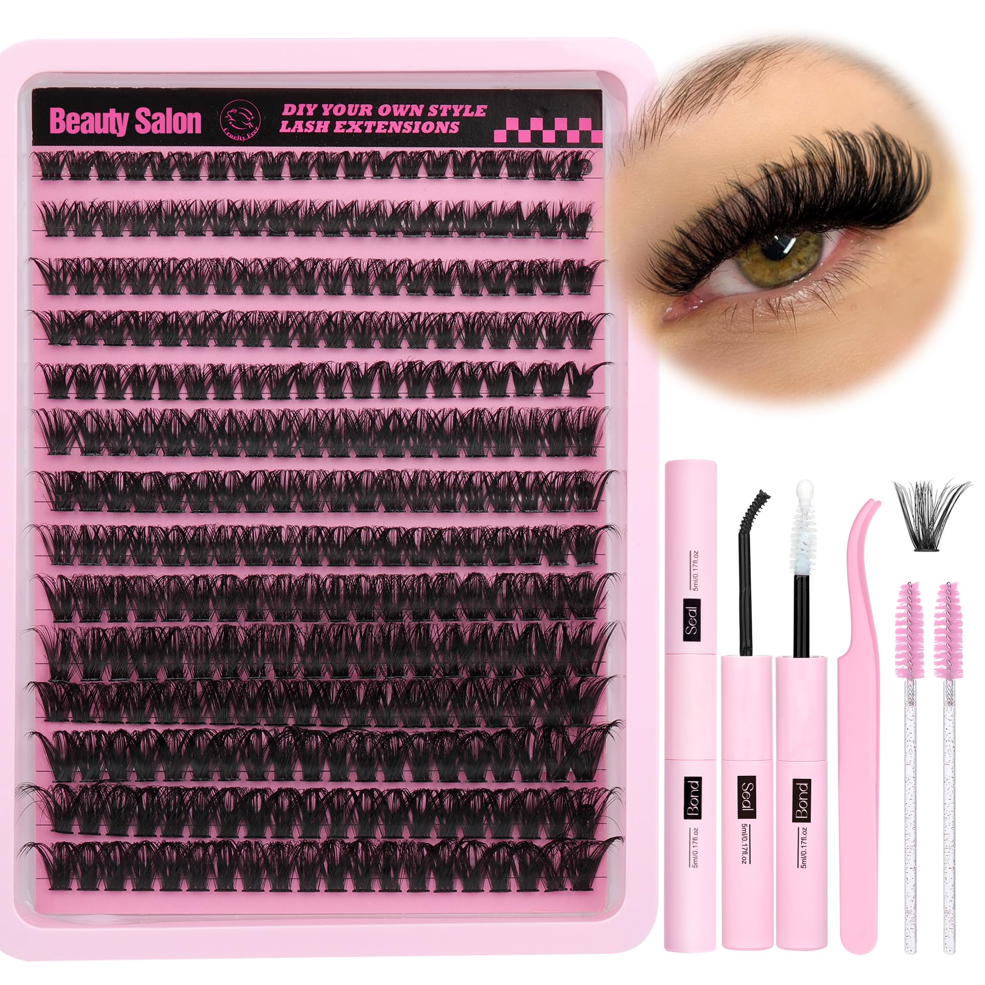 DIY Eyelash Extension Kit D Curl Fluffy Wispy Lash Clusters Individual Lashes Lash Extension Kit with Lash Bond and Seal Applica