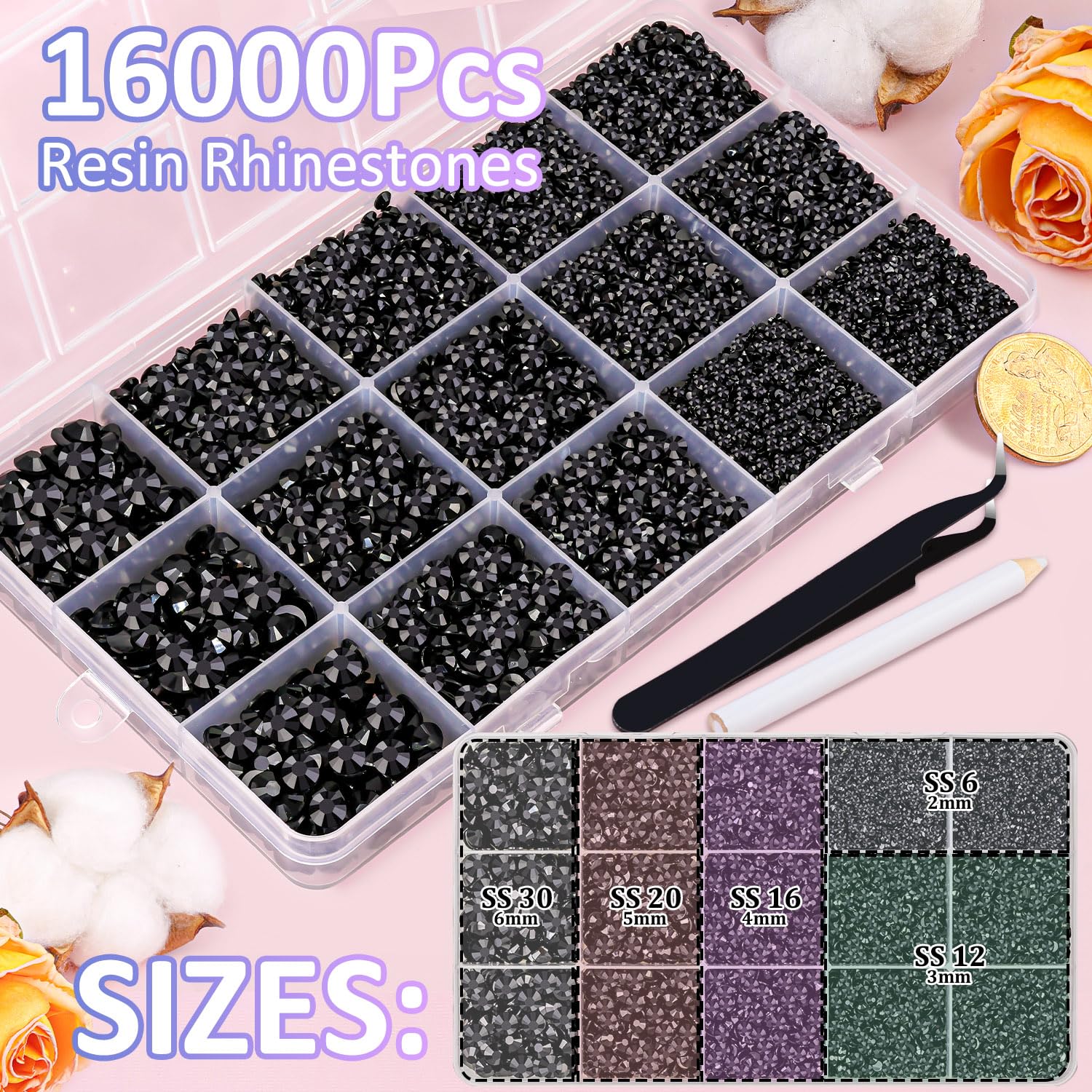 16000Pcs Resin Jelly Rhinestones With Tweezers For Crafting, Black 2-6Mm Mixed Sizes Flatback Gems, Bedazzling Crystal For Diy C