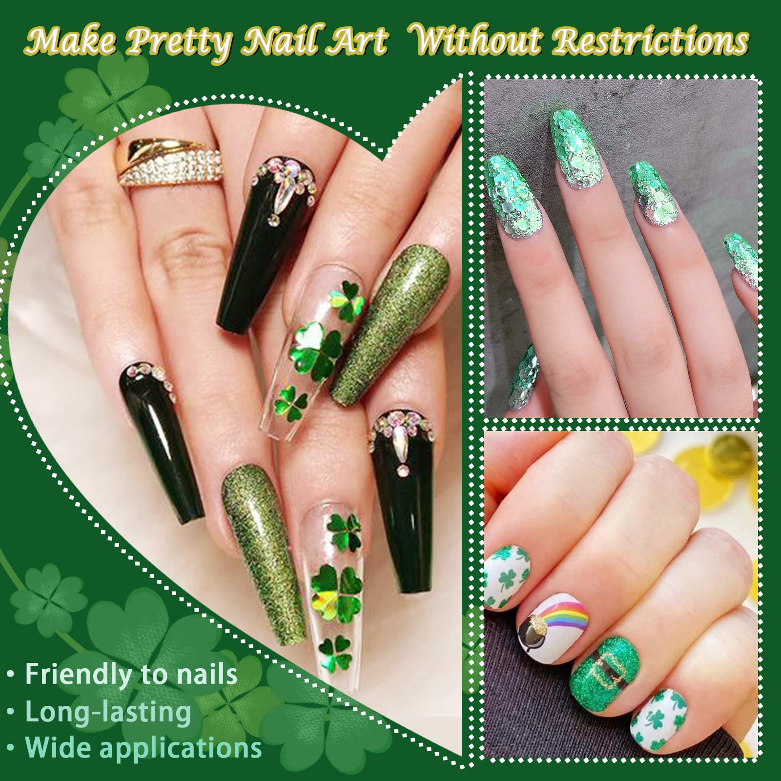 Allstarry Nail Glitter 4 Colors Shamrock Green Holographic Glitter Iridescent Chunky Nail Flakes Hexagon Face Sequins Sparkly Fi