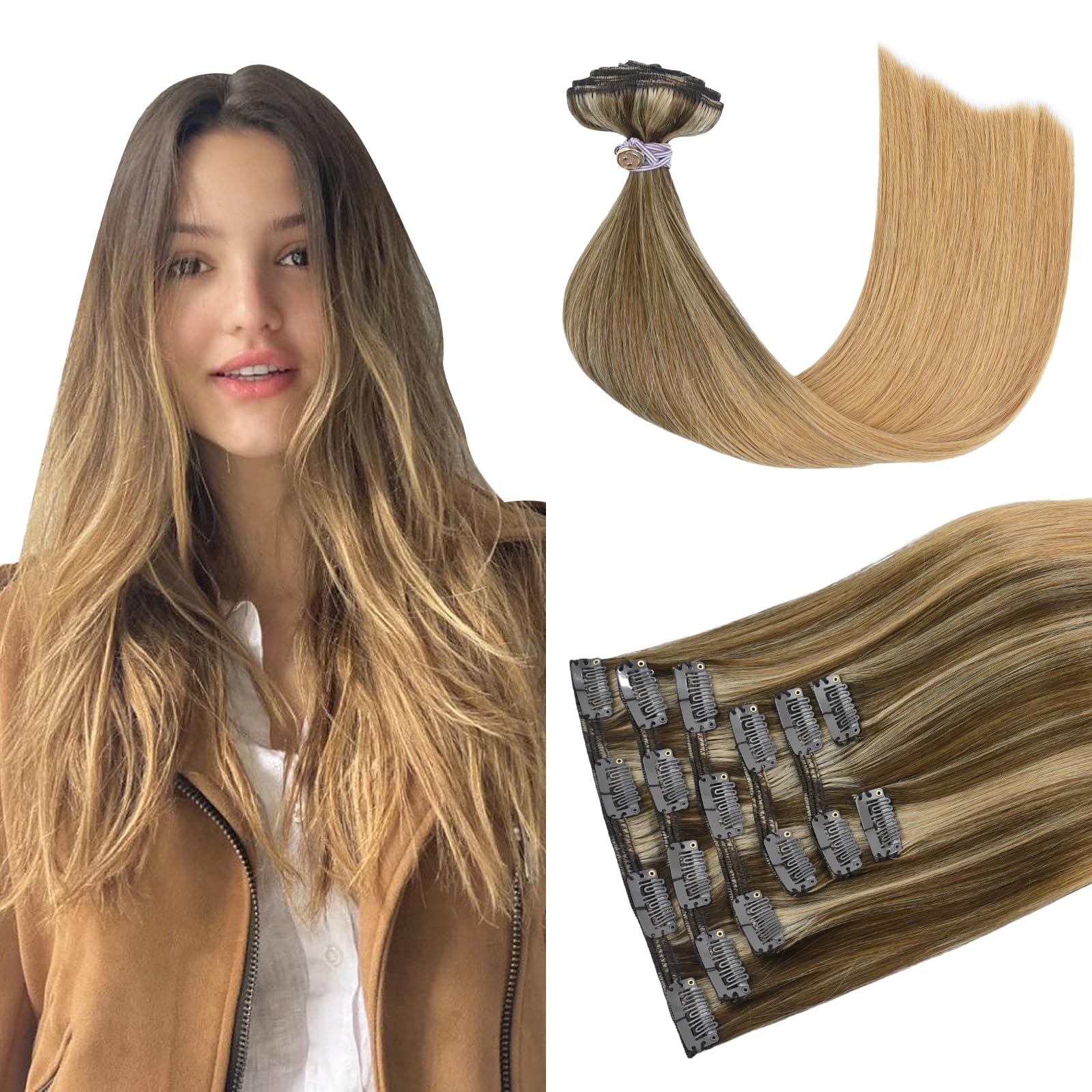 HUAYI Clip In Hair Extensions Medium Brown Mixed with Golden Brown and Strawberry Blonde Highlighted 120g Full Head Silky Straig