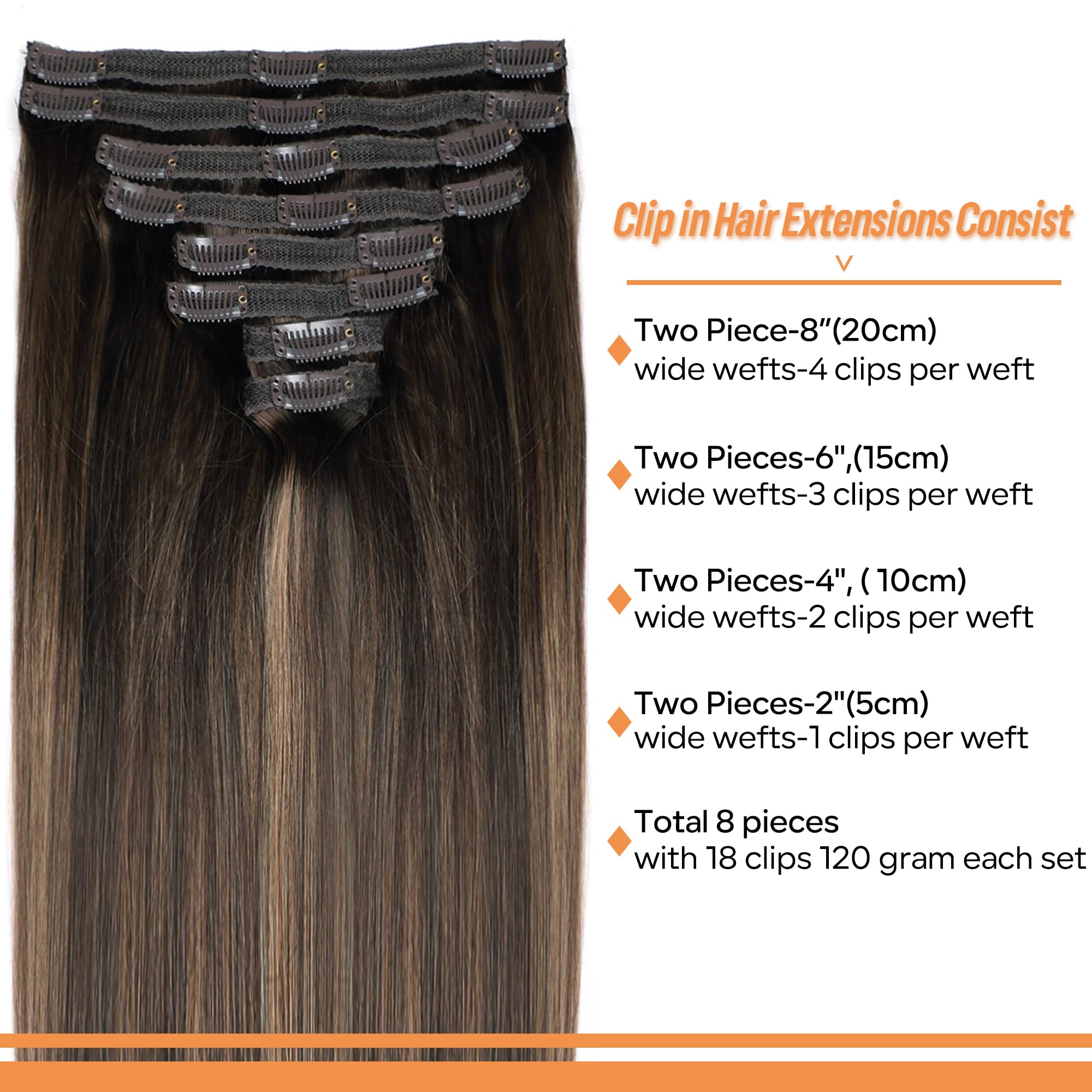 Pobokix Straight Clip In Hair Extensions Real Human Hair 8Pcs Clip In Balayage Dark Brown to Chestnut Brown Human Hair Extension