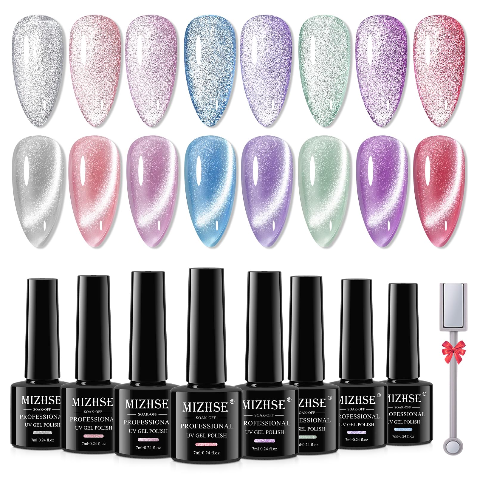 Mizhse Cat Eye Gel Nail Polish, 8 Colors Smoothie Magnetic Gel Polish Kit With Magnet Stick, Holographic Glitter Galaxy Winter C