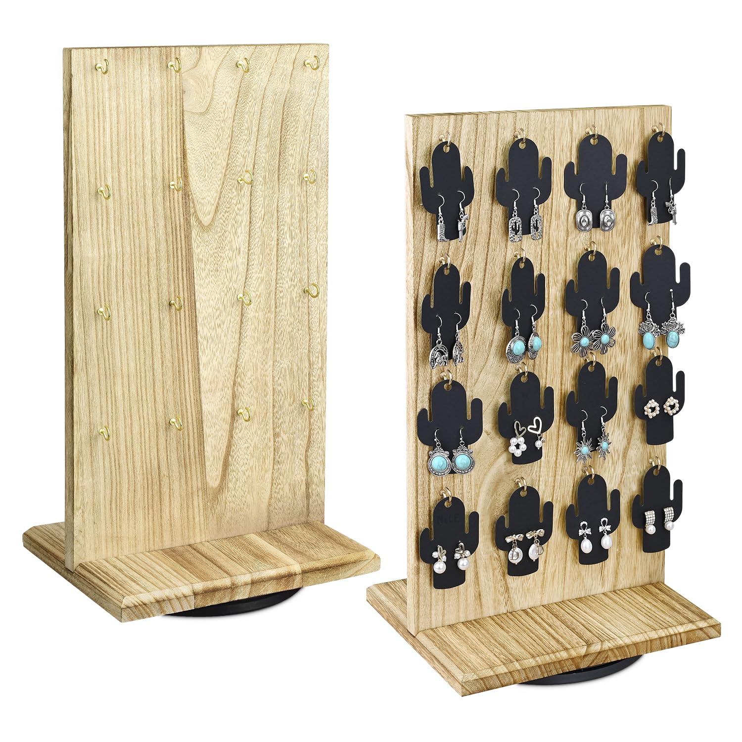 Ikee Design Wooden Rotating Two-Sided Jewelry Display Stand, Rotating Organizer with 32 Hooks for Store, Earring Keychain Displa