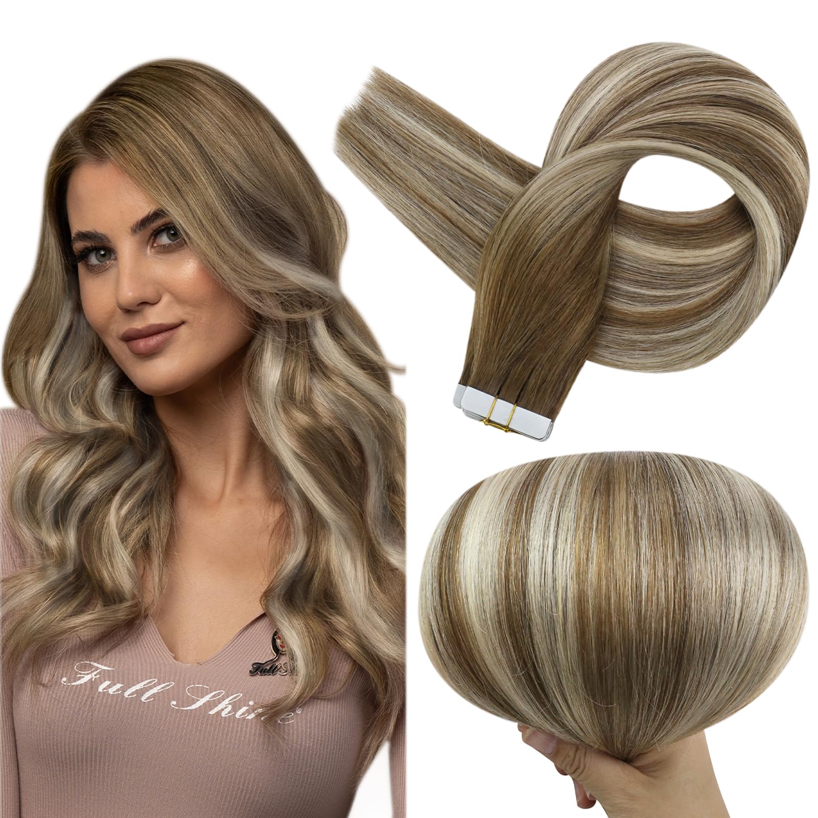 Full Shine Ombre Tape In Hair Extensions Human Hair 12 Inch Blonde Seamless Tape In Extensions 6/60/6 Brown Ombre To Blonde High
