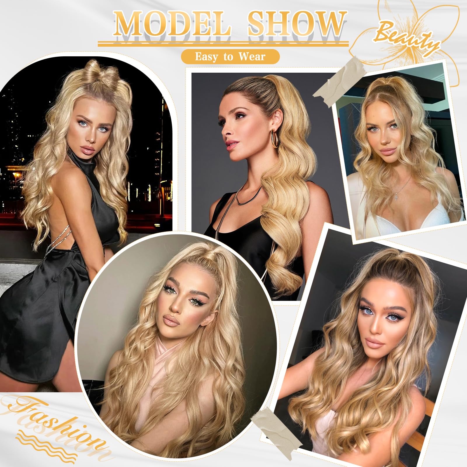 Freemeige Blonde Ponytail Extension Long Wavy Drawstring Ponytail Hair Extension Clip In Ponytail Extension For Women Synthetic