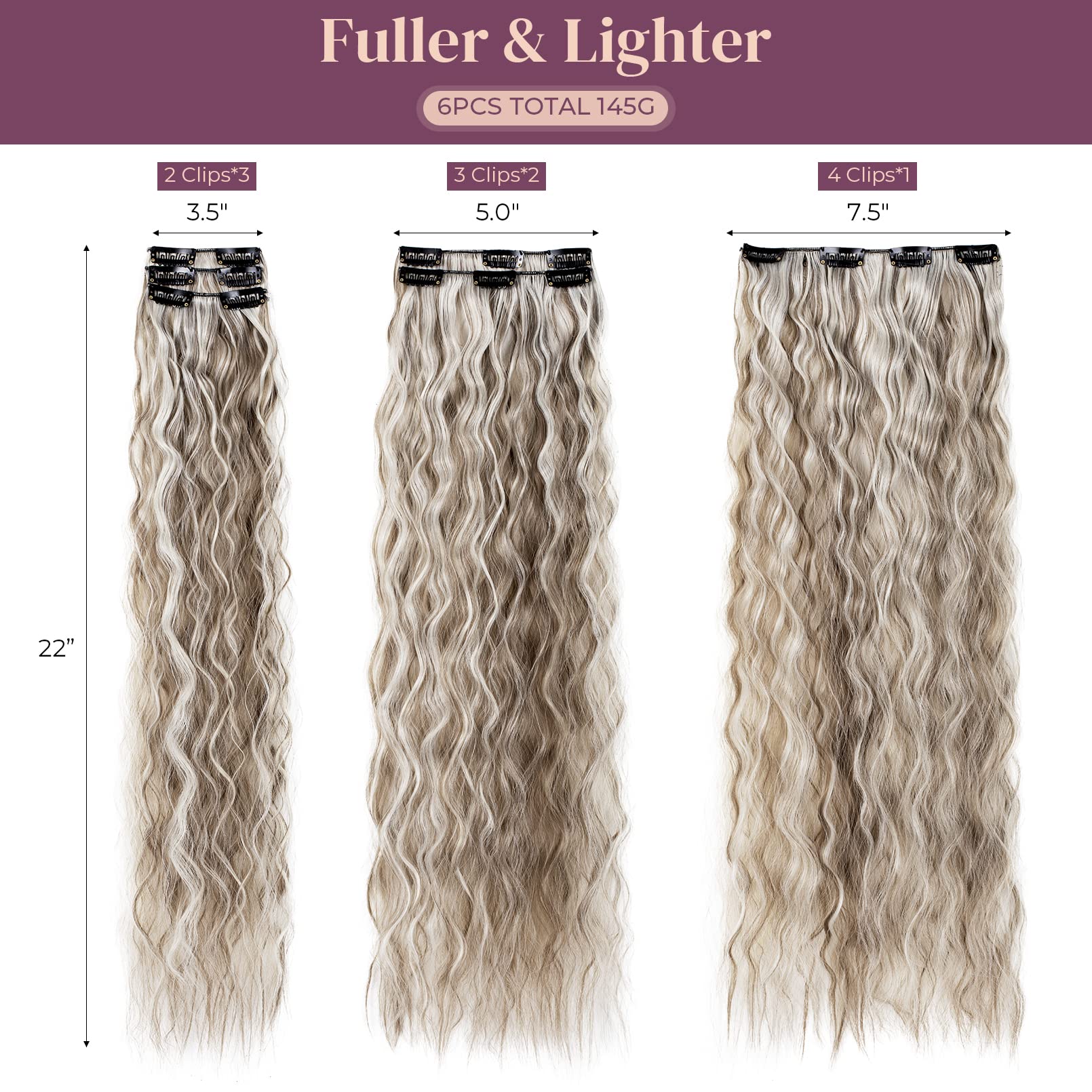 Lonai Clip In Hair Extensions, 6Pcs Curly 24'' Long Synthetic Clip On Hairpiece For Women Ash Brown With Blonde Highlights