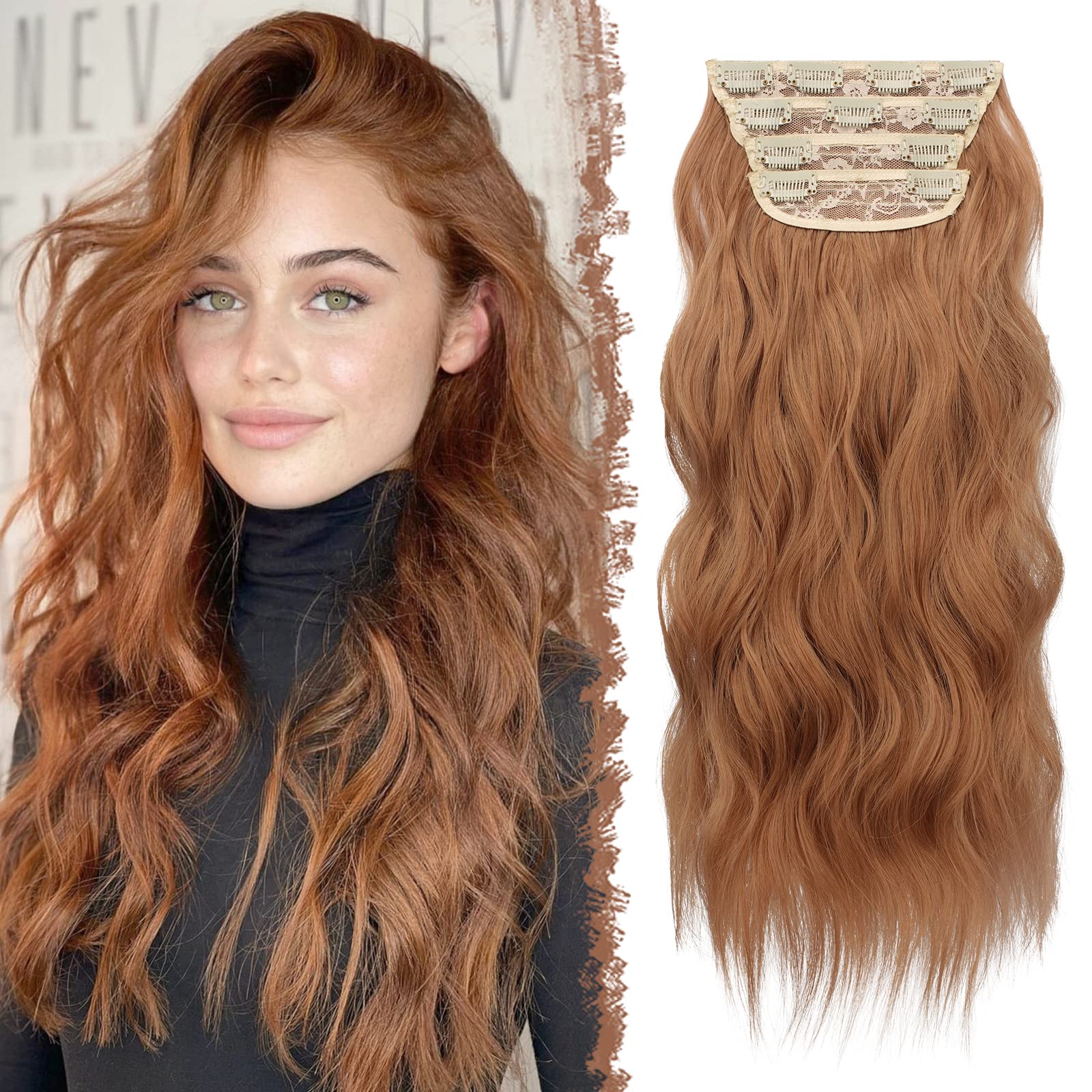 FESHFEN Clip in Hair Extensions - 4 PCS Long Wavy Auburn Brown Thick Clip in Hairpieces Full Head Synthetic Hair Extension for W