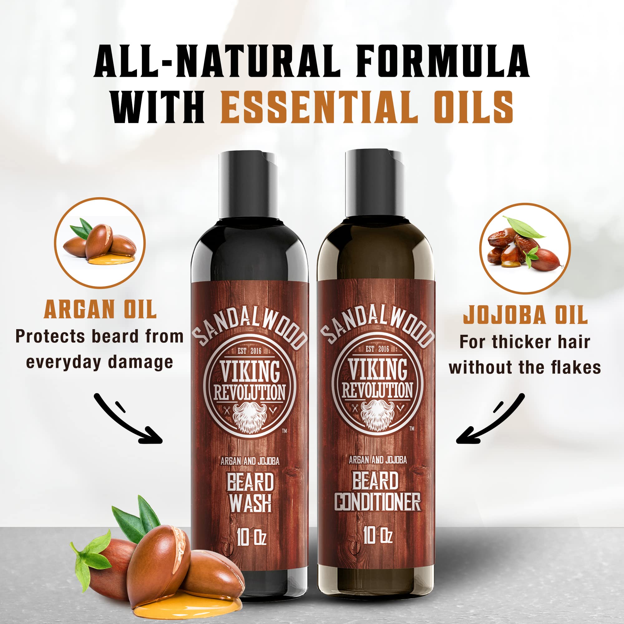 Beard Wash & Beard Conditioner Set W/Argan & Jojoba Oils - Softens & Strengthens - Natural Sandalwood Scent - Beard Shampoo W/Be