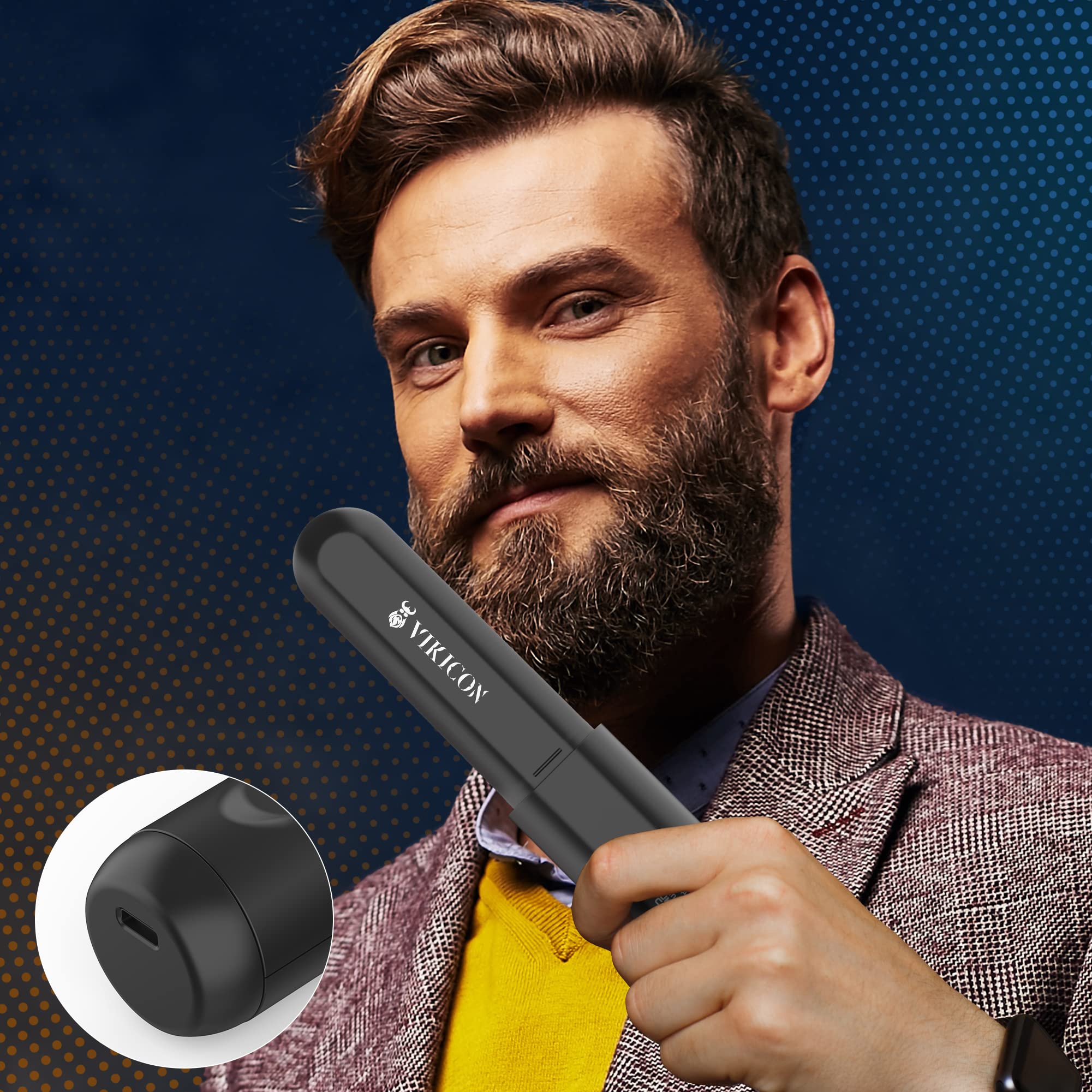 VIKICON Beard Straightening Heat Brush for Men, Cordless, Anti-Scald, Portable, Black - Perfect Valentine's Day Gift
