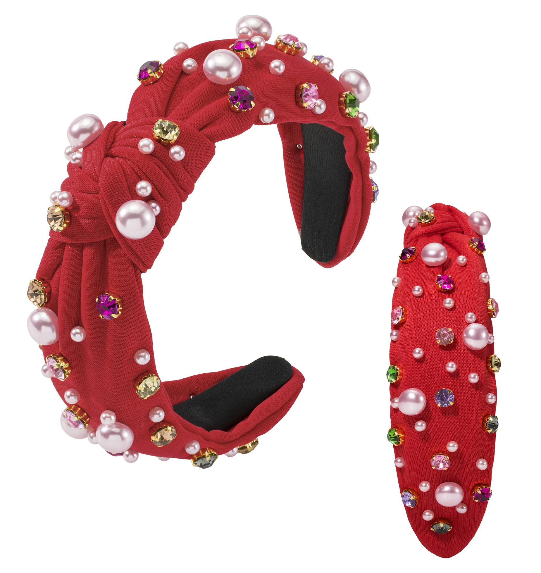 Mixcbe Valentines Day Pearl Headband for Women Holiday Red Pink Crystal Jeweled Knotted Headband Red Wide Top Knot Headband Vale