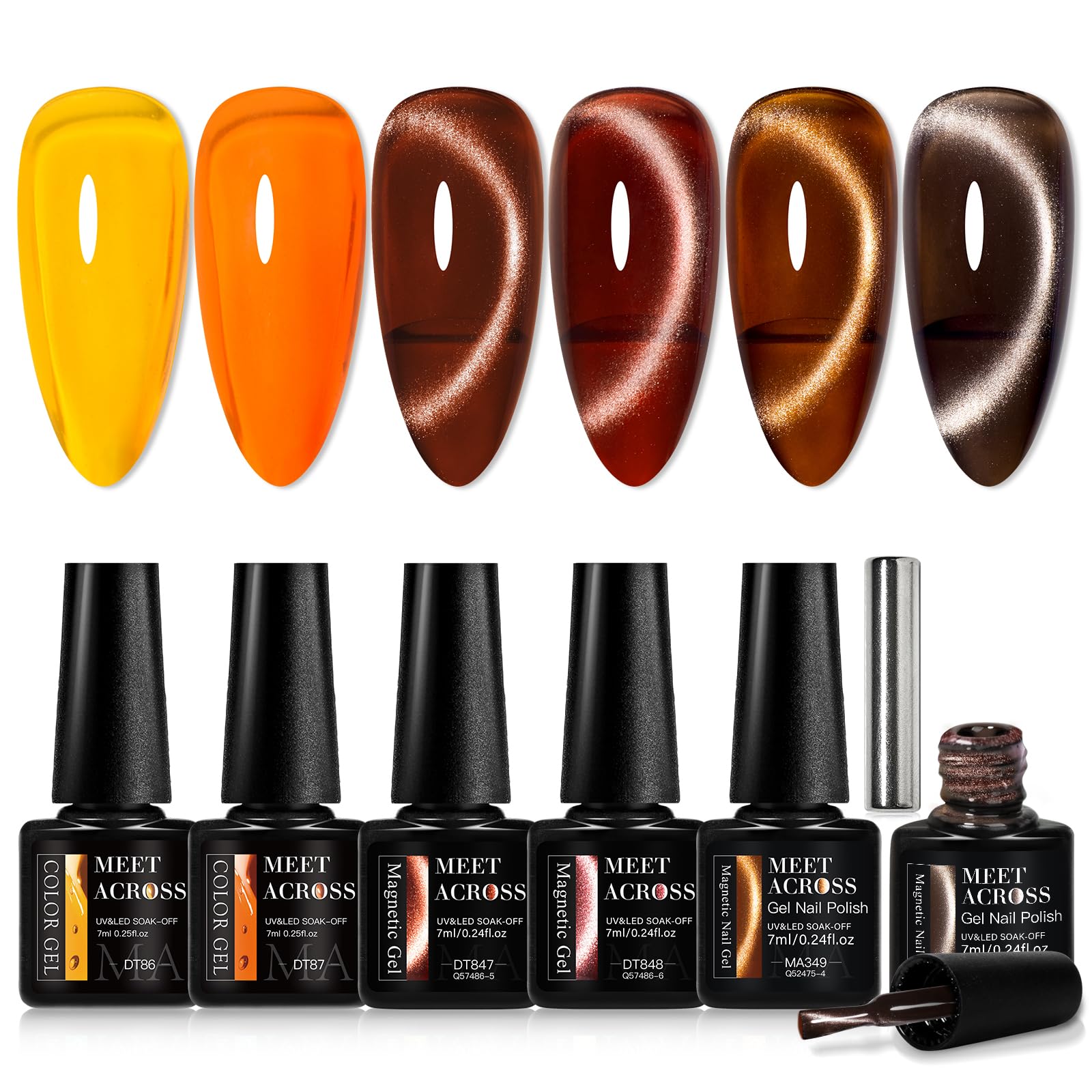 MEET ACROSS Cat Eye Gel Nail Polish Magnet Jelly Crystal Gel Nail Polish Kit Caramel Orange Amber Brown Grey Gel Polish Set with