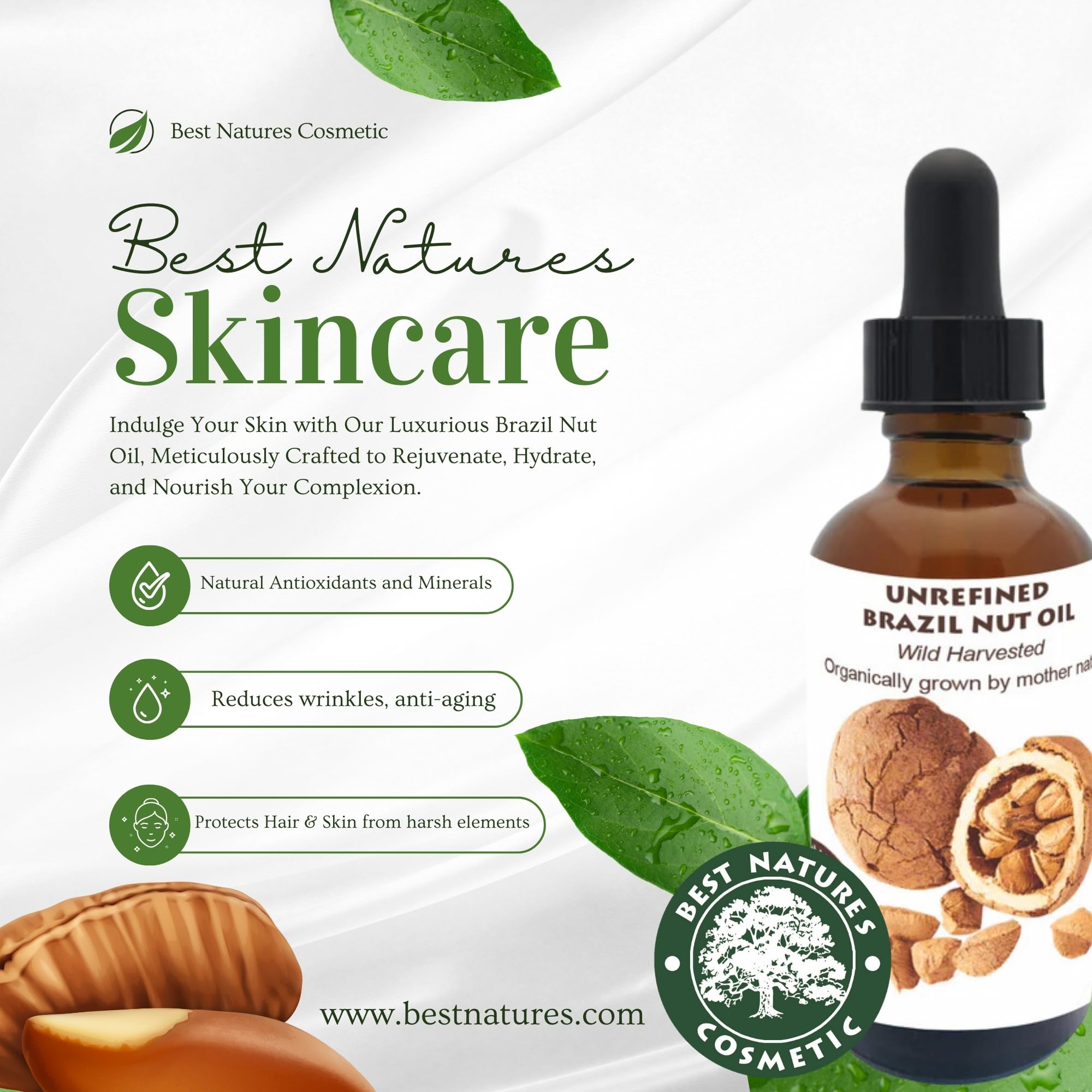 Best Nature's Cosmetics Virgin Organic Brazil Nut Oil, Hydrating Moisturizer for Skin & Hair, Cold-Pressed, Anti-Aging, Restores