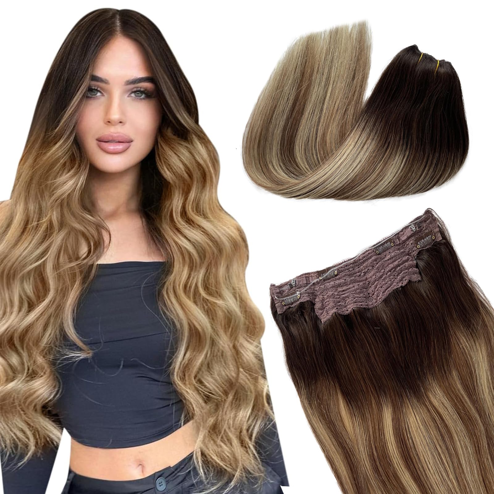 Halos Human Hair Extensions Balayage Dark Brown Mix Caramel Blonde Ombre Fish Line Hair Extensions Secret Wire Hair Extensions w