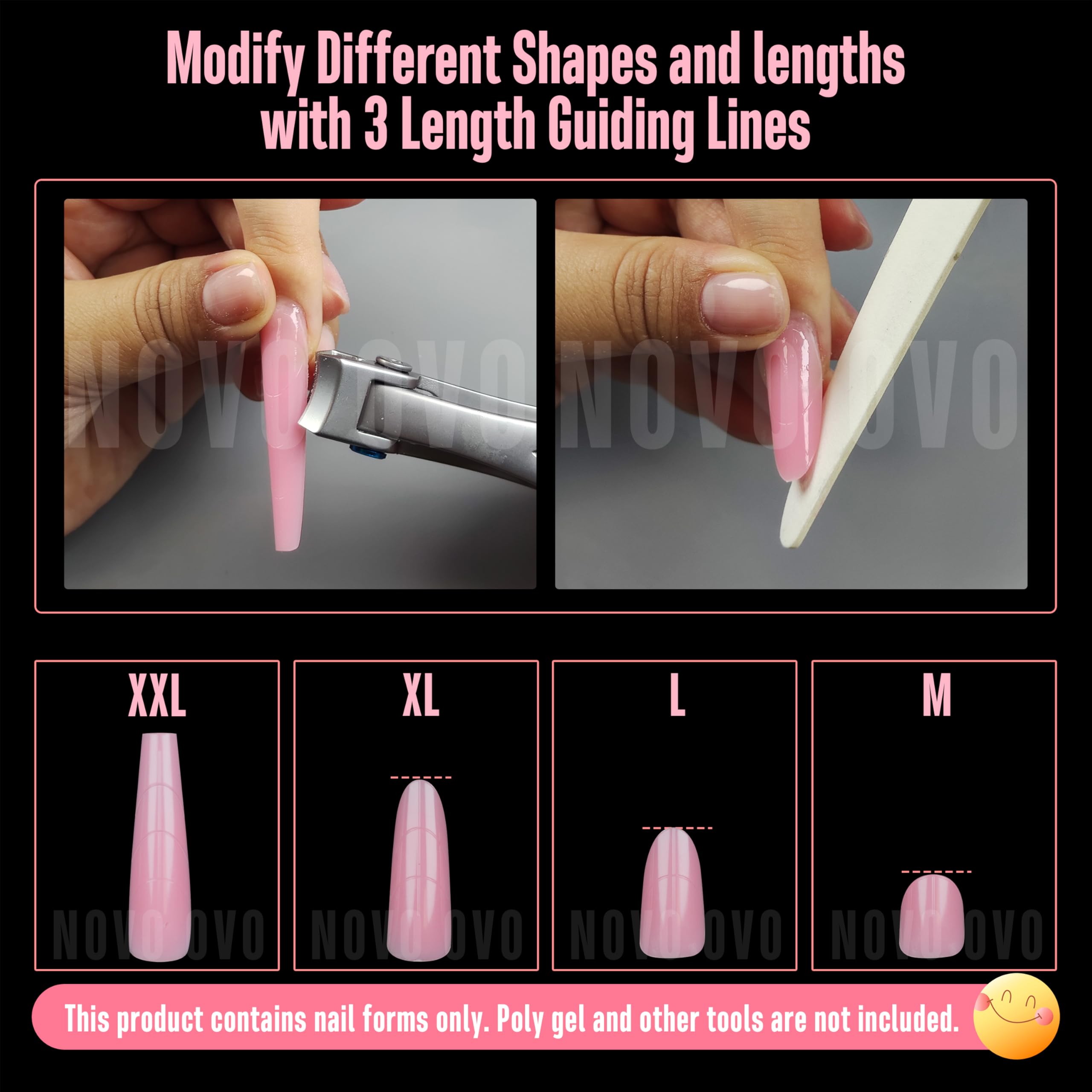 NOVO OVO Tapered Square (Natural not Sculpted) Nail Dual Forms for Poly Gel Extension with Guiding Line Inside, XL XXL Reusable