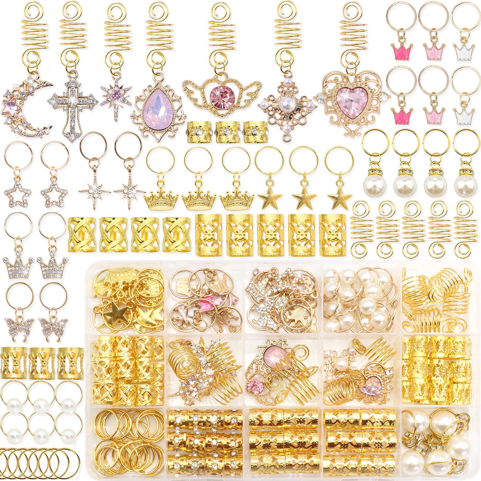 NAISKA 156Pcs Pink Crystal Loc Dreadlocks Jewelry Gold Hair Jewelry for Braids Multi Shape Crown Pearls Hair Decoration Hair Coi