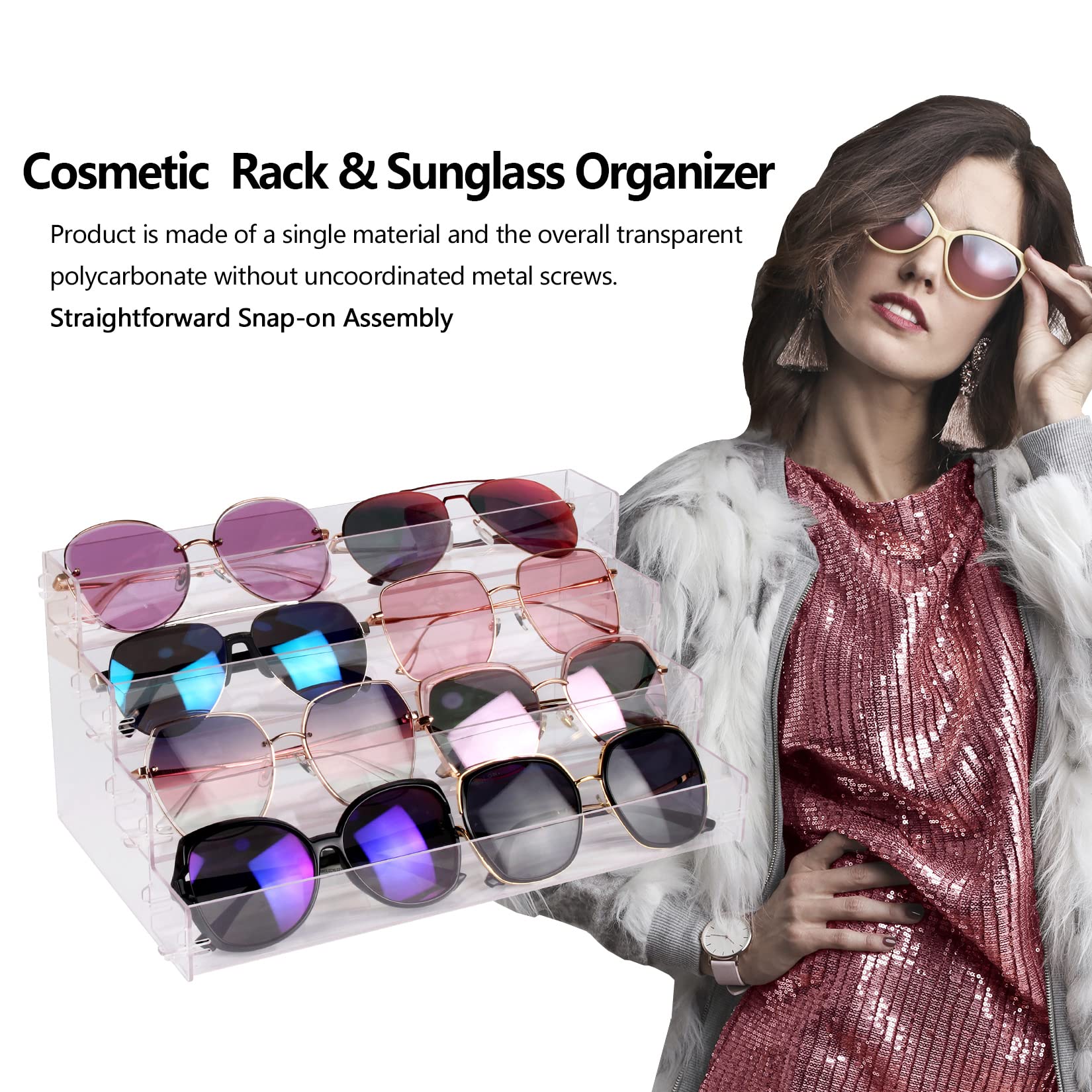BVANQ 4 Tier Sunglasses Organizer Acrylic Sunglass Holder Nail Polish Organizer Countertop Stand Display No Pungent Acrylic Glue