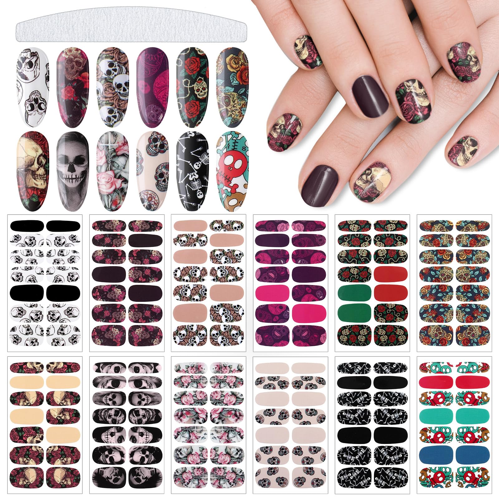 Maitys 168 Pieces Halloween Skull Full Wrap Nail Stickers DIY Gothic Nail Polish Strips Stickers Self Adhesive Full Wraps with N