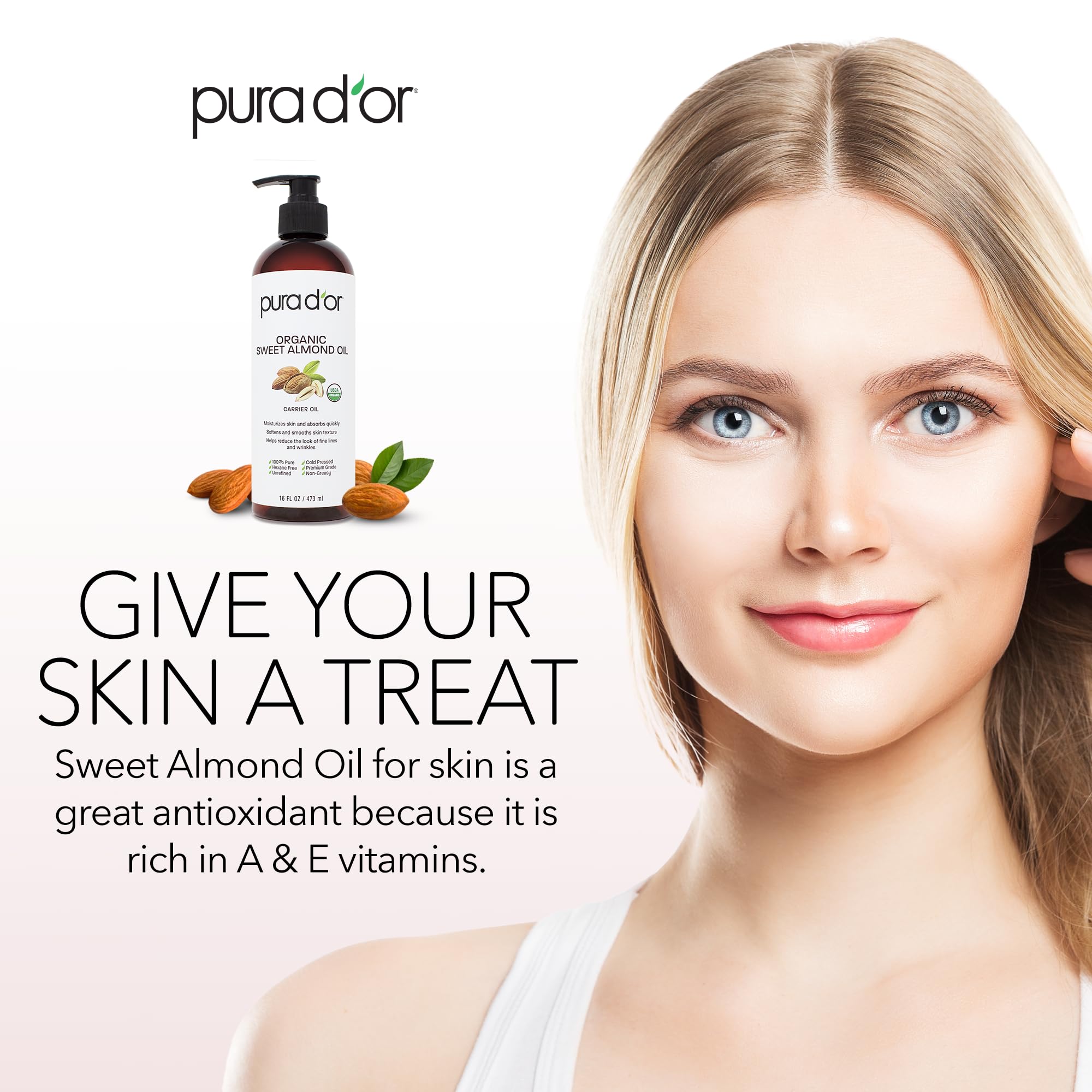 Pura D'Or 100% Pure 16Oz Organic Sweet Almond Oil - Usda Certified Massage Oil For Massage Therapy - Hexane Free Cold Pressed Bo