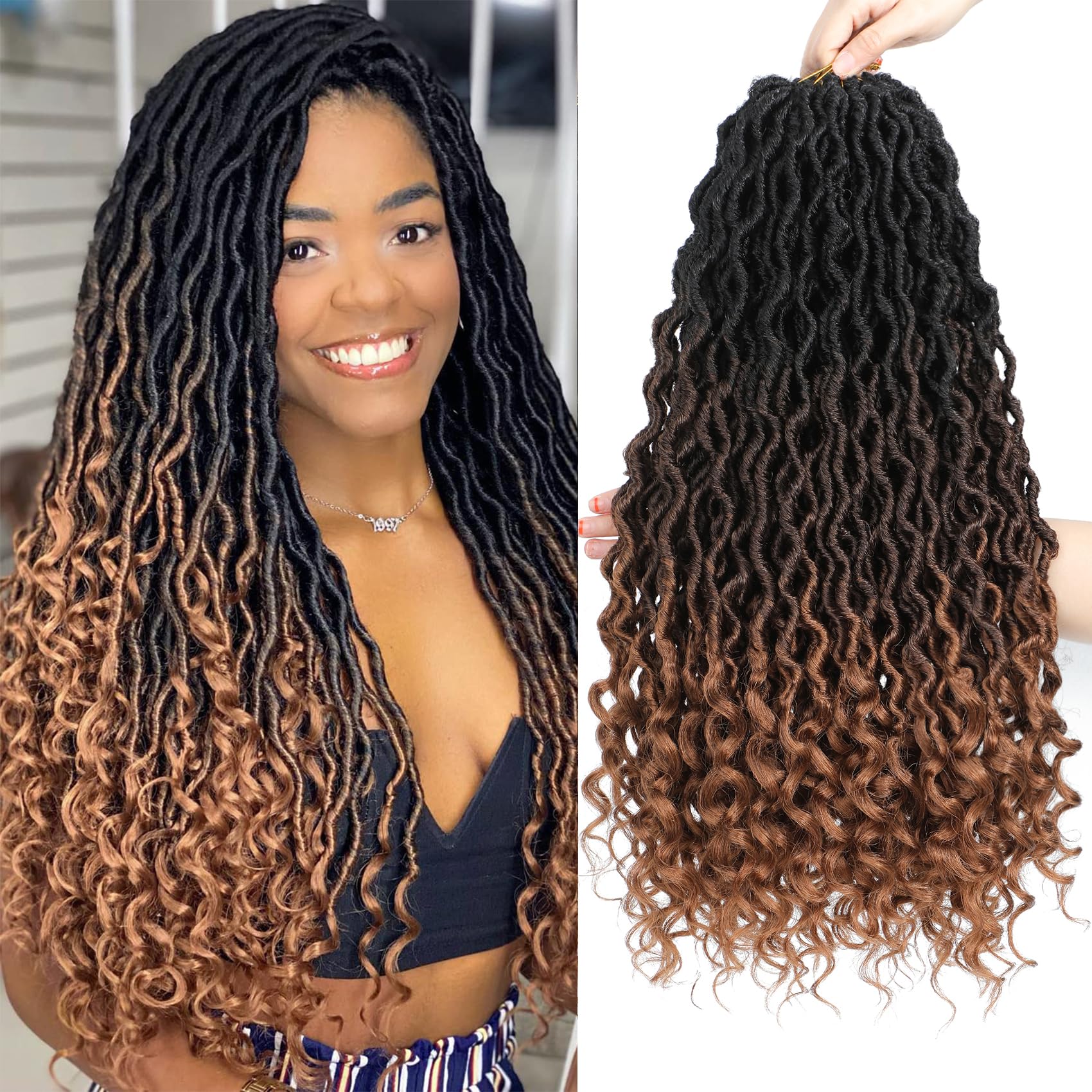 Karida Faux Locs Crochet Hair 18 Inch, 8 Packs Pre Looped Goddess Locs Crochet Hair, Wavy Crochet Goddess Locs With Curly Ends, 