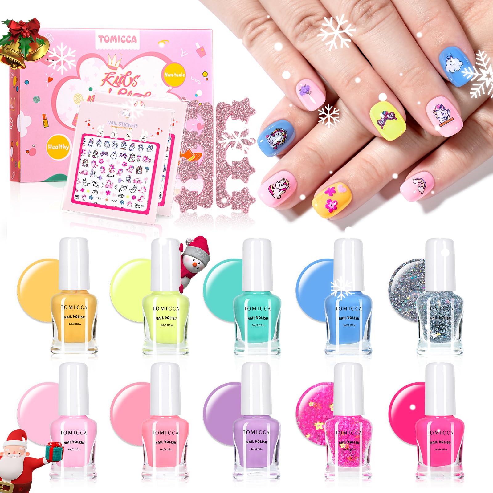 Tomicca Kids Nail Polish Set, Non Toxic Quick Dry Water-Based Peel-Off 10 Colors Toddler Nail Polish Kit Natural Safe Quick Diy