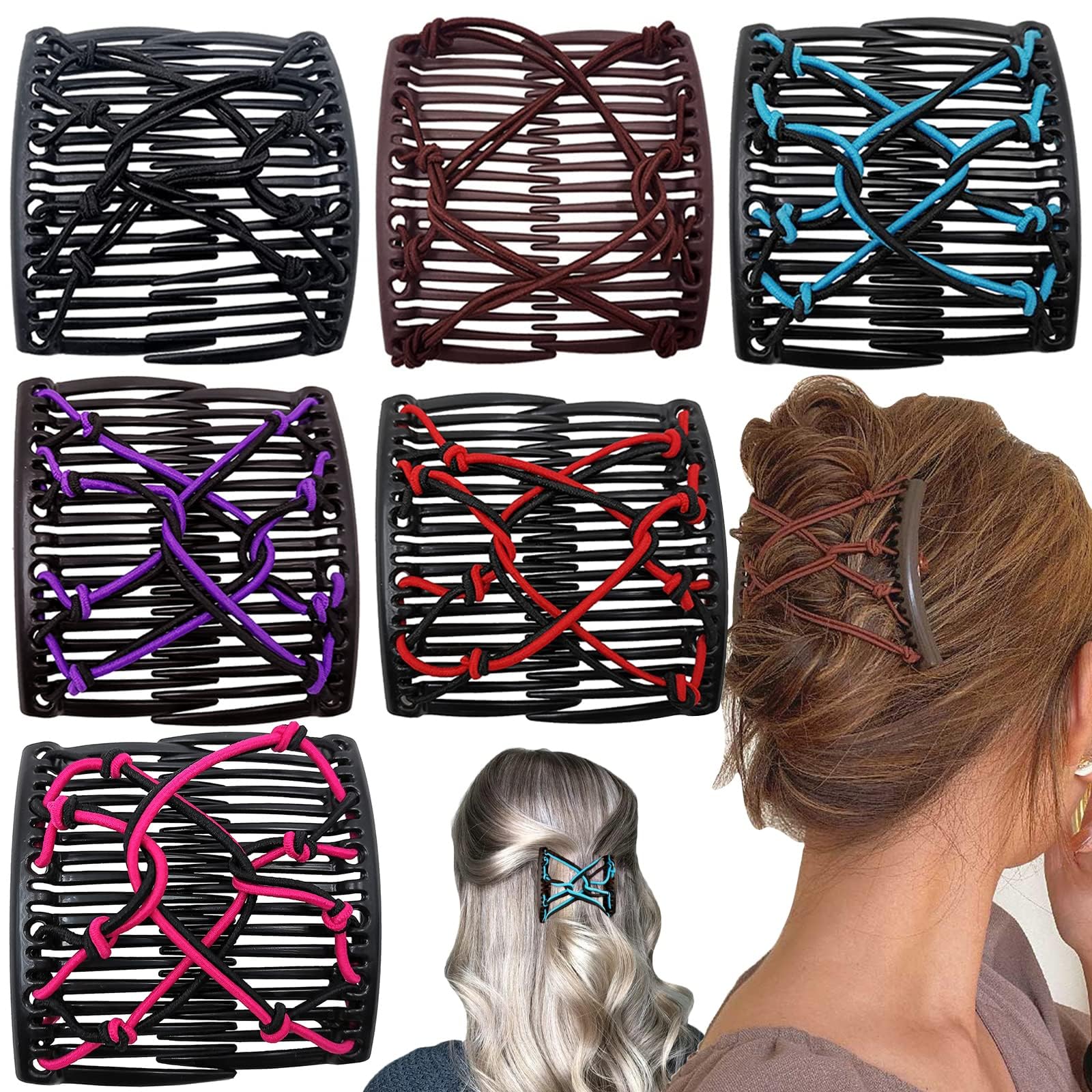 6 Pieces Stretchy Double Hair Combs - Magic Adjustable Elastic No Crease Bun Maker Accessories for Women's Curly, Thick, Wavy Ha