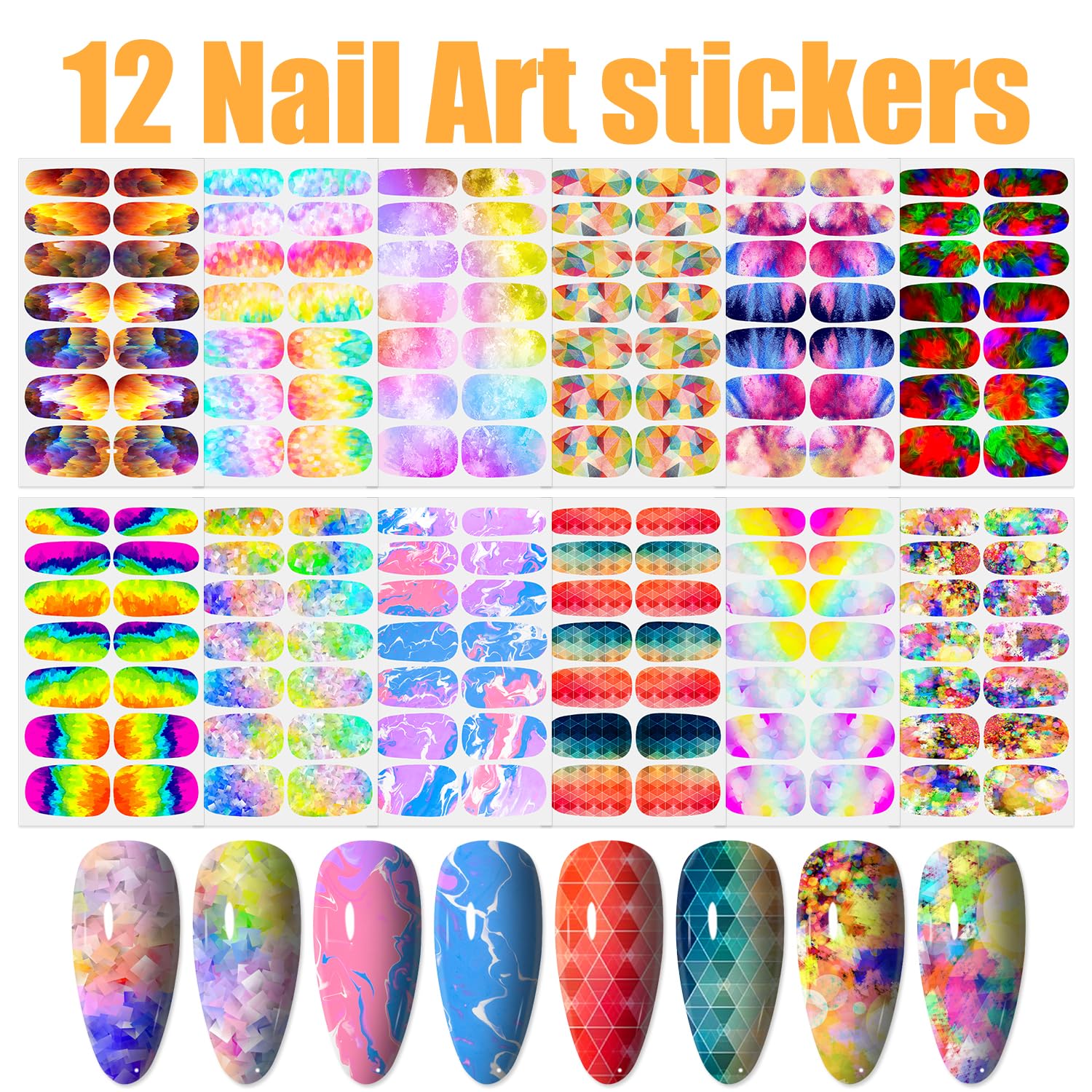 Wokoto 12 Sheets Graffiti Nail Polish Stickers Full Nail Wraps For Women Aurora Gradient Gel Nail Strips Nail Polish Strips For