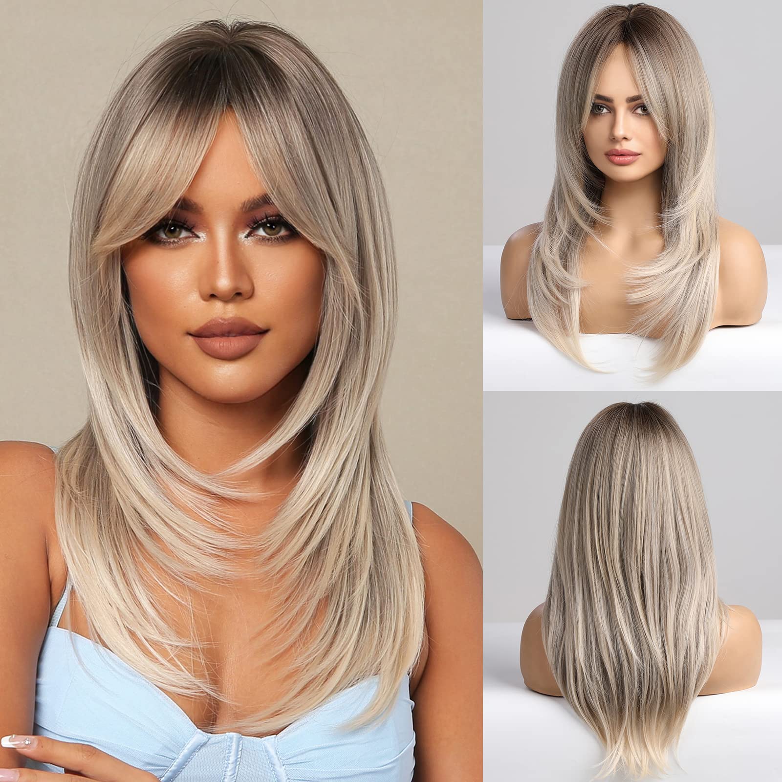 HAIRCUBE Grey Blonde Wigs for Women,Long Layered Ombre Wigs with Bangs Heat Resistant Synthetic Fibre Wigs(pelucas de cabello na