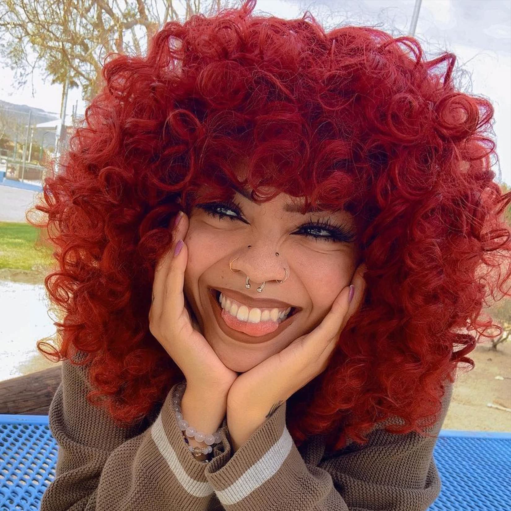 andromeda Red Curly Wigs for Black Women Soft Short Curly Wig with Bangs Fluffy Kinky Curls Synthetic Wig Loose Curly Costume Co