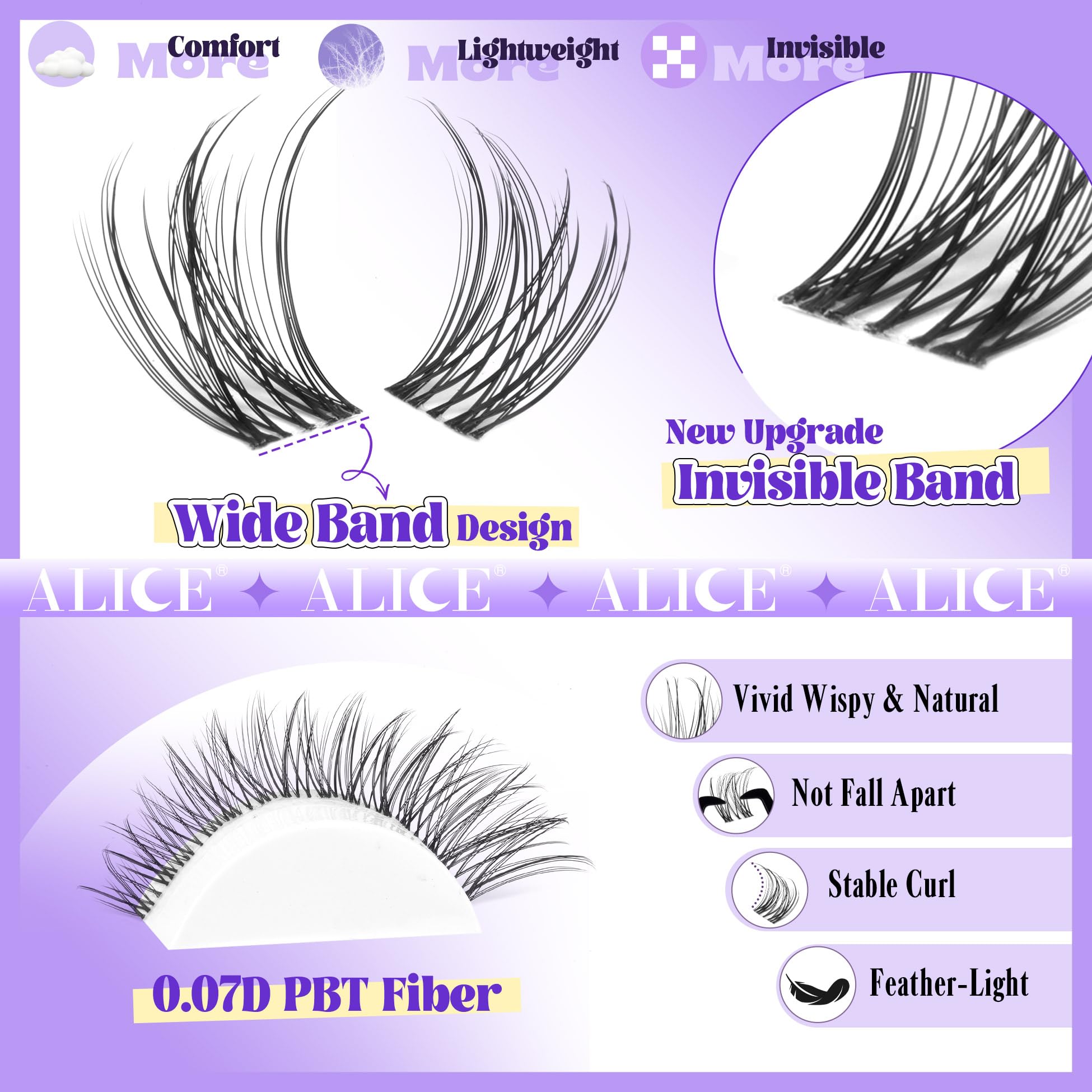 ALICE Lash Clusters - Natural Waterproof Eyelash Extensions, 8-16mm, Black, Wispy Individual Lashes with Invisible Band